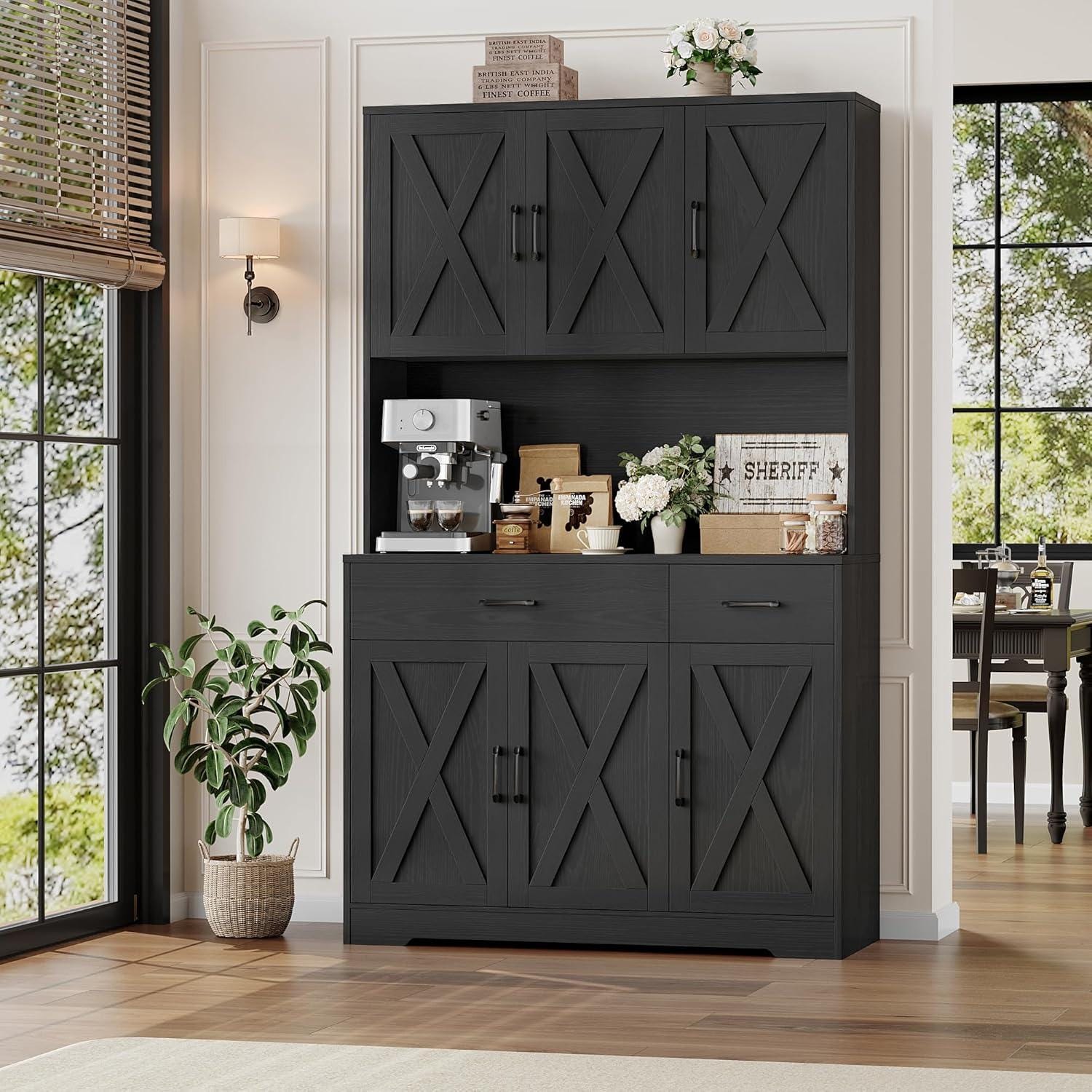 HOSTACK 71" Farmhouse Pantry Cabinet with Charging Station, Microwave Stand & Storage Drawers, Rustic Brown