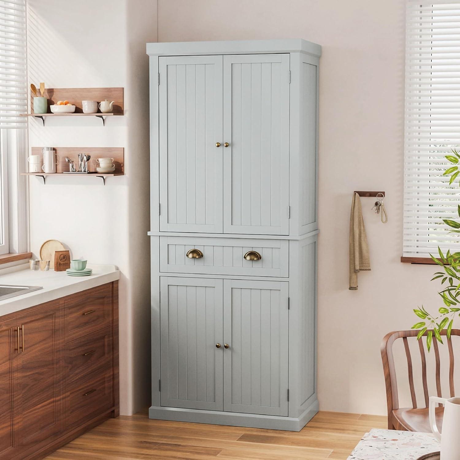 72" Farmhouse Pantry Cabinet with Doors & Shelves, Tall Freestanding Storage Cabinet, Turquoise Blue