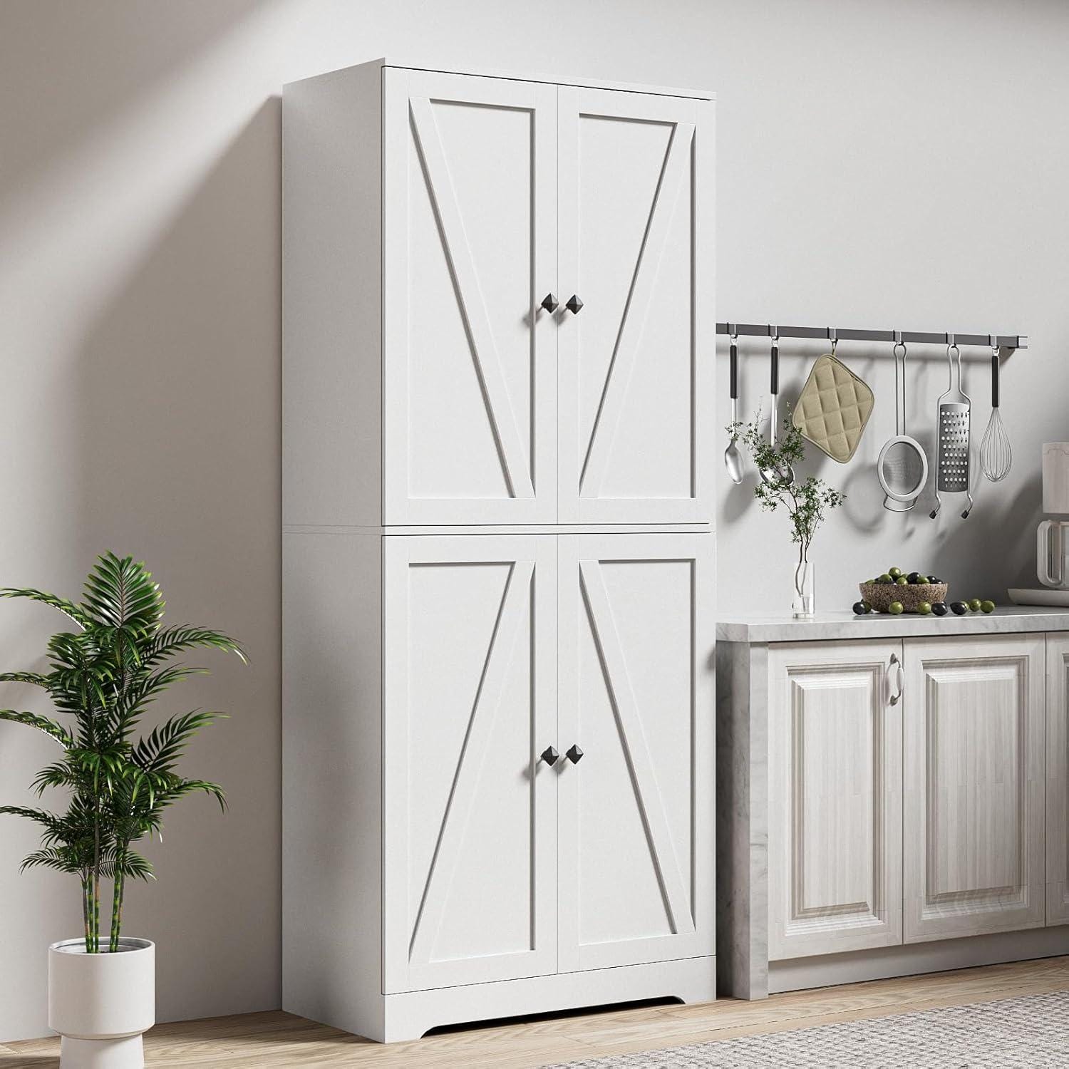 Farmhouse Pantry Cabinet, 72" Tall, 4 Barn Doors, Grey Wood Grain Storage