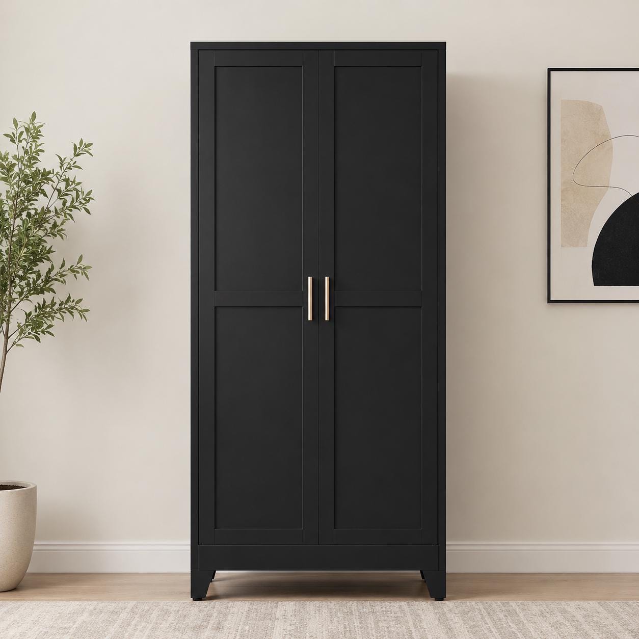 Tall Black Storage Cabinet, Modern Double Door Pantry Cupboard, Freestanding Home Organizer