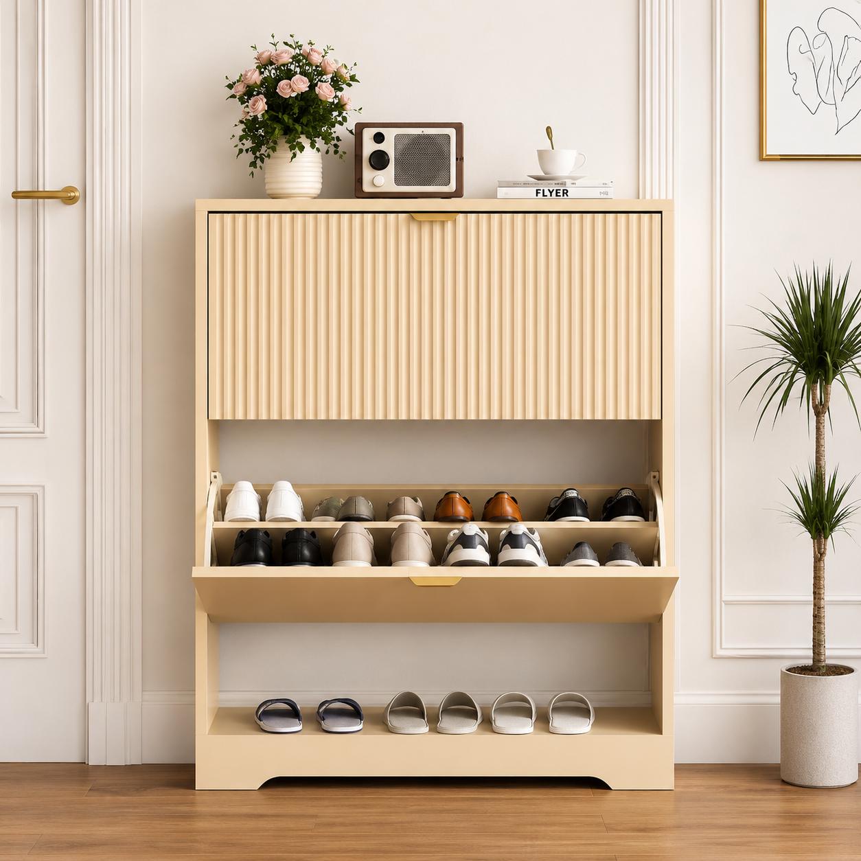 Black Fluted Shoe Cabinet, Slim Entryway Storage, 4 Flip Drawers, Adjustable Shelves