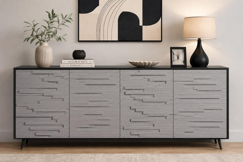 63" Black Grey Fluted Sideboard Cabinet, Modern 4-Door Credenza Storage Buffet
