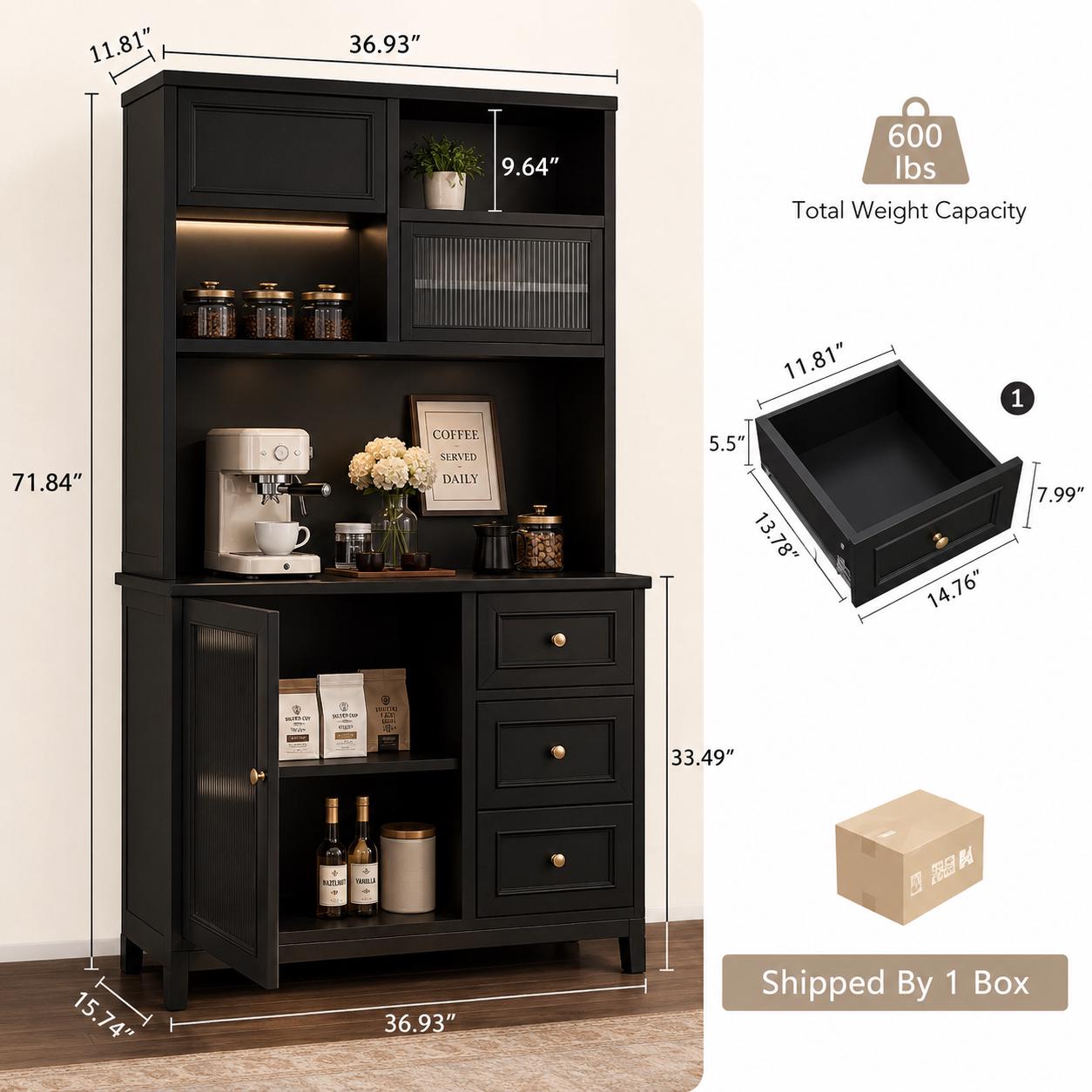 71" Tall Kitchen Pantry Cabinet with Microwave Shelf & Built-in Charging Station – Black