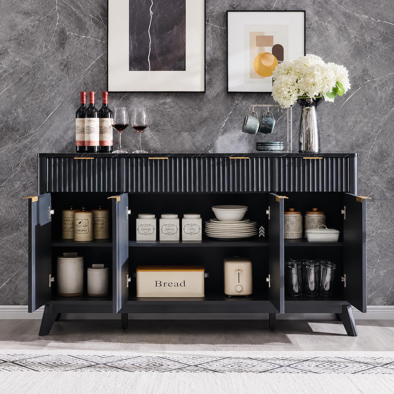 Modern Fluted Buffet Cabinet, Faux Marble Top, 3 Drawer Storage Sideboard