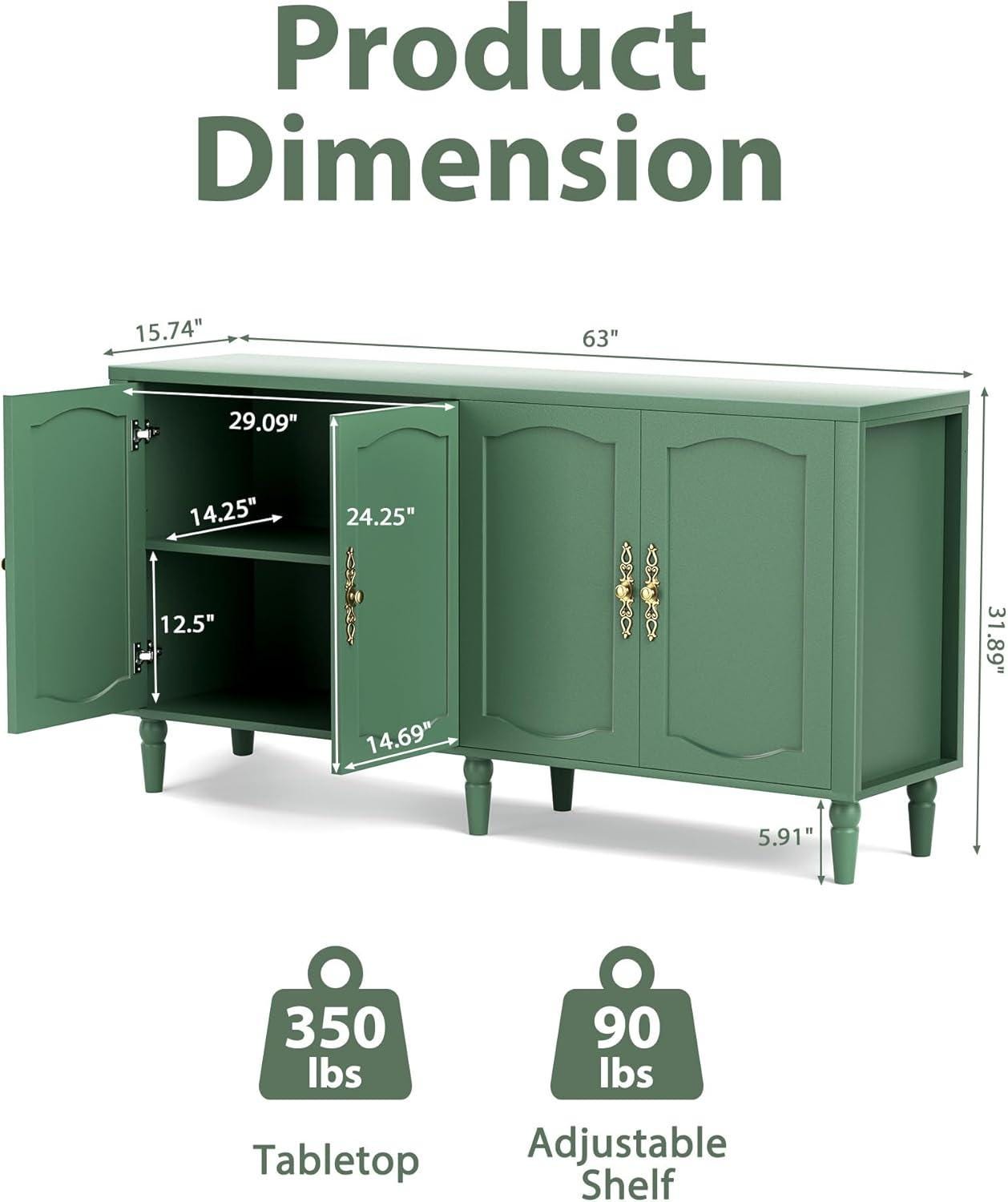 Fineway 63" Mid Century Sideboard Buffet Cabinet with Adjustable Shelves & Storage for Dining Room Living Room Kitchen