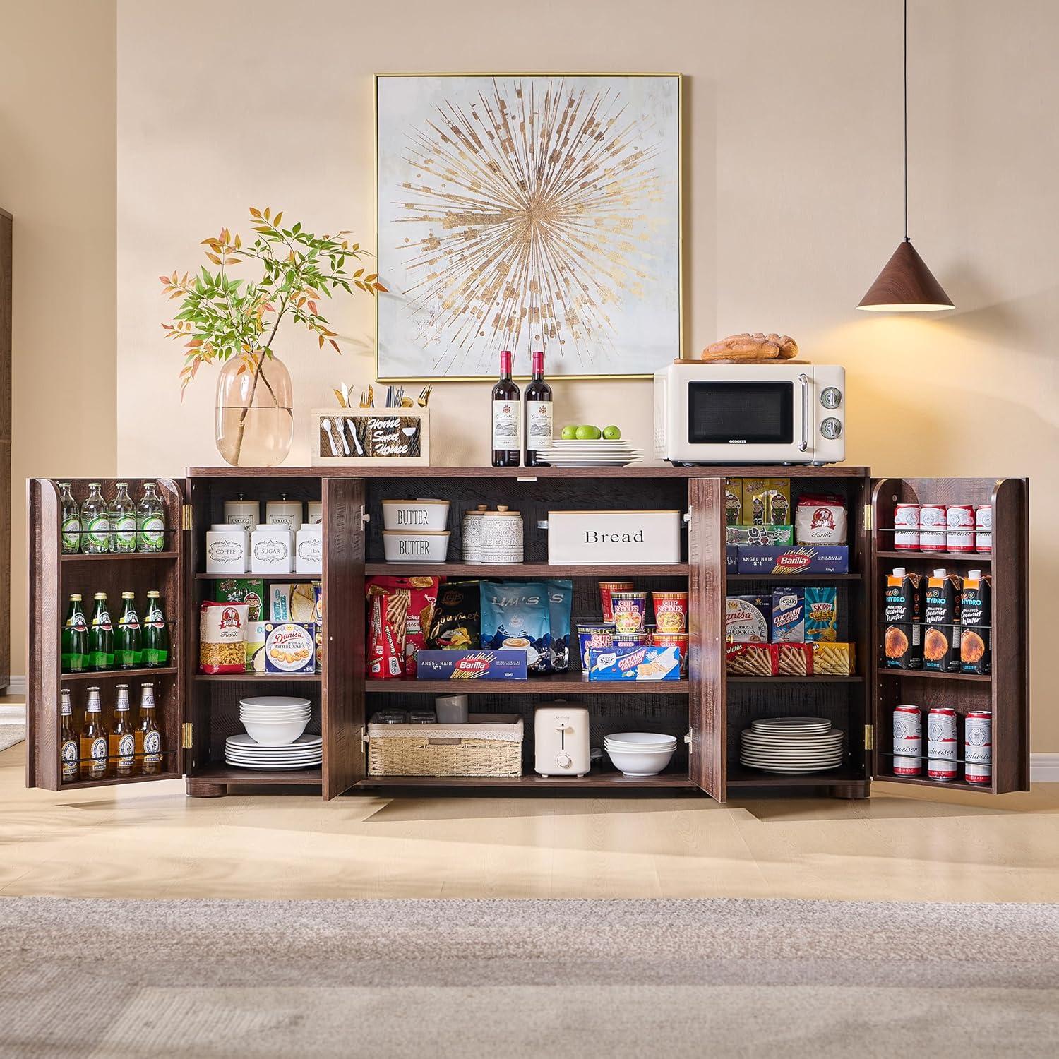 Modern Dark Wood Buffet Cabinet, Curved Edge, 4 Doors, Golden Handles, Sideboard Storage