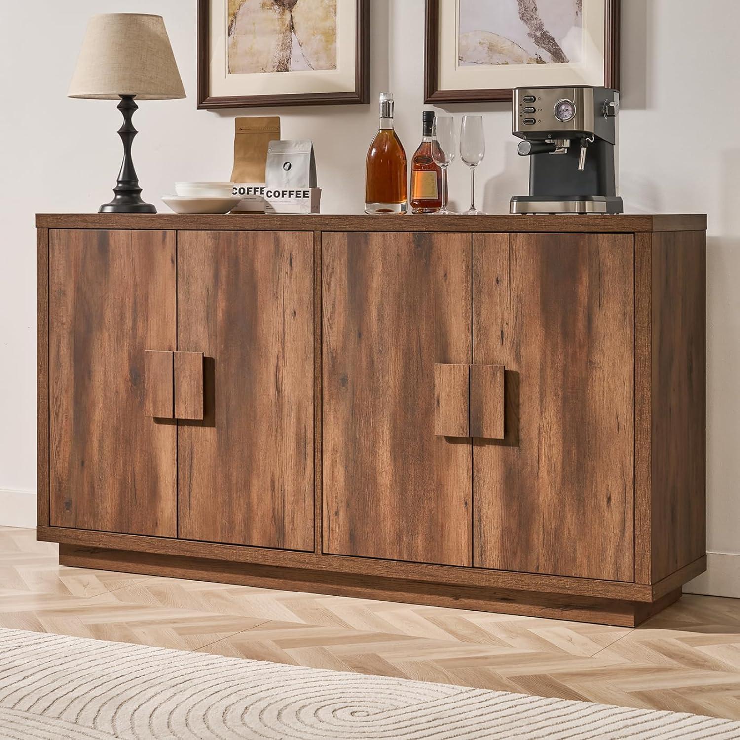 63" Farmhouse Buffet Cabinet, 4-Door Storage Credenza, Wood Coffee Bar Console