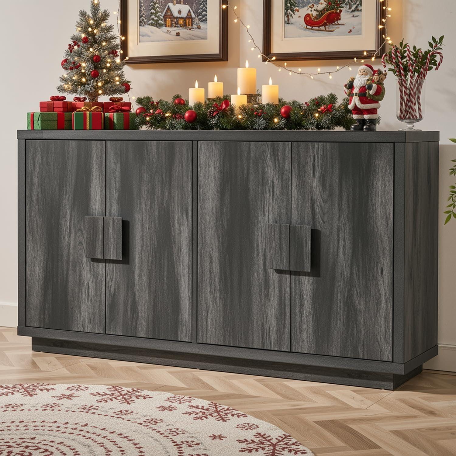 63" Farmhouse Buffet Cabinet, 4-Door Storage Credenza, Wood Coffee Bar Console