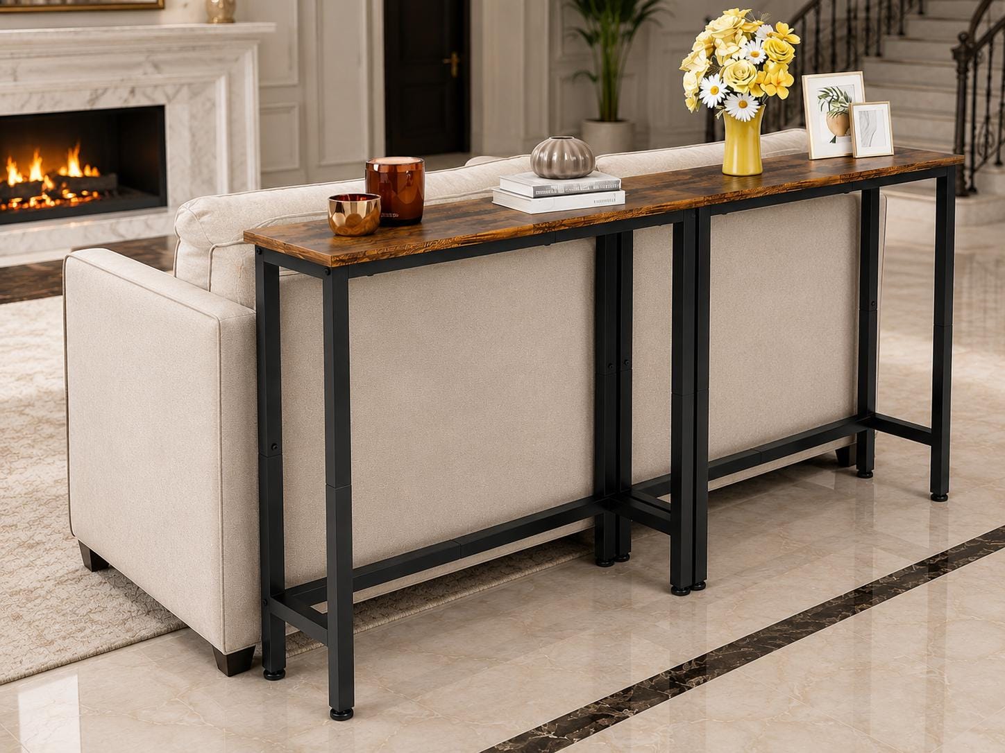 Rustic Narrow Console Table Set, Industrial Wood-Look Sofa Tables, Space Saving Accent Furniture