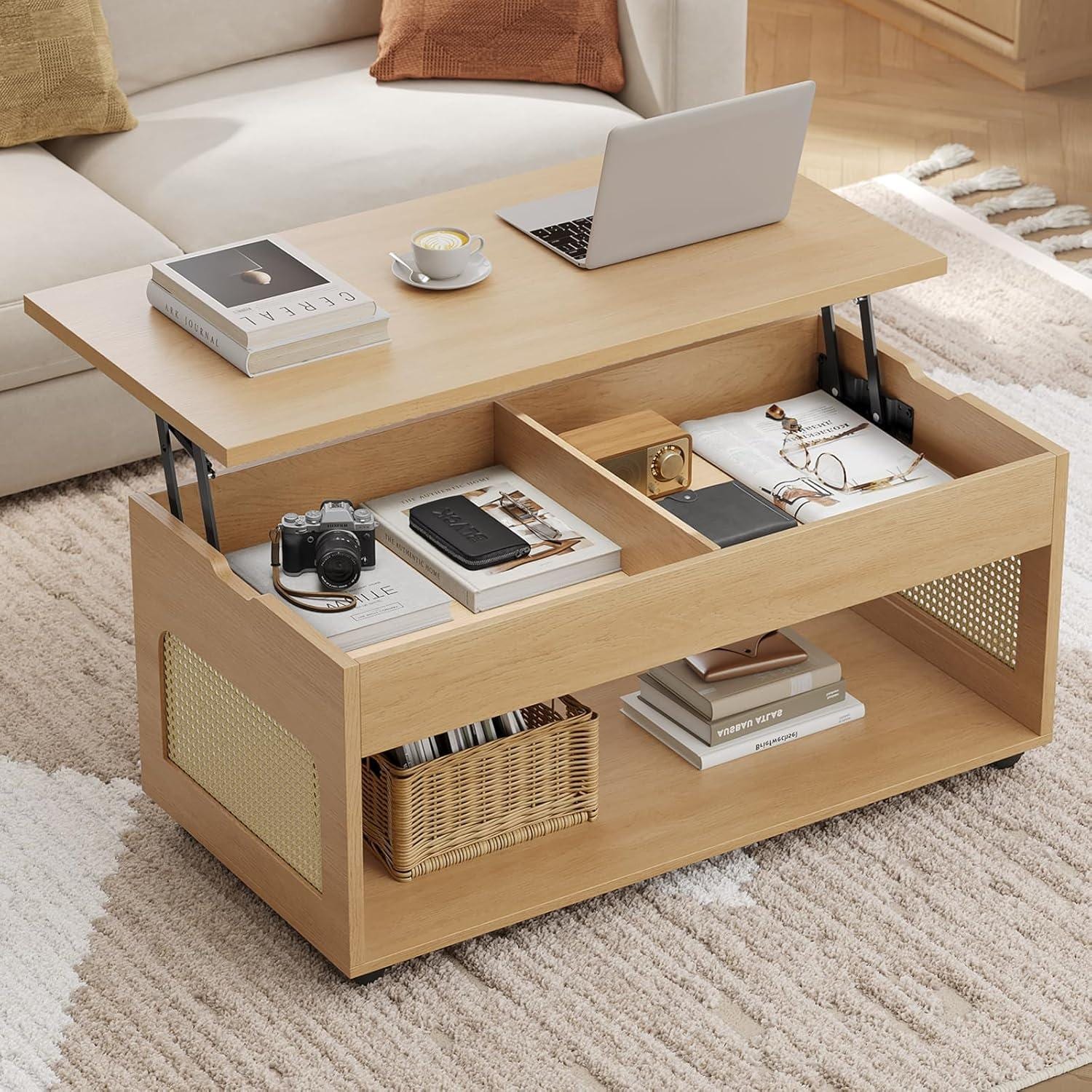 Lift Top Coffee Table with Rattan Storage, Hidden Compartment, Wheels