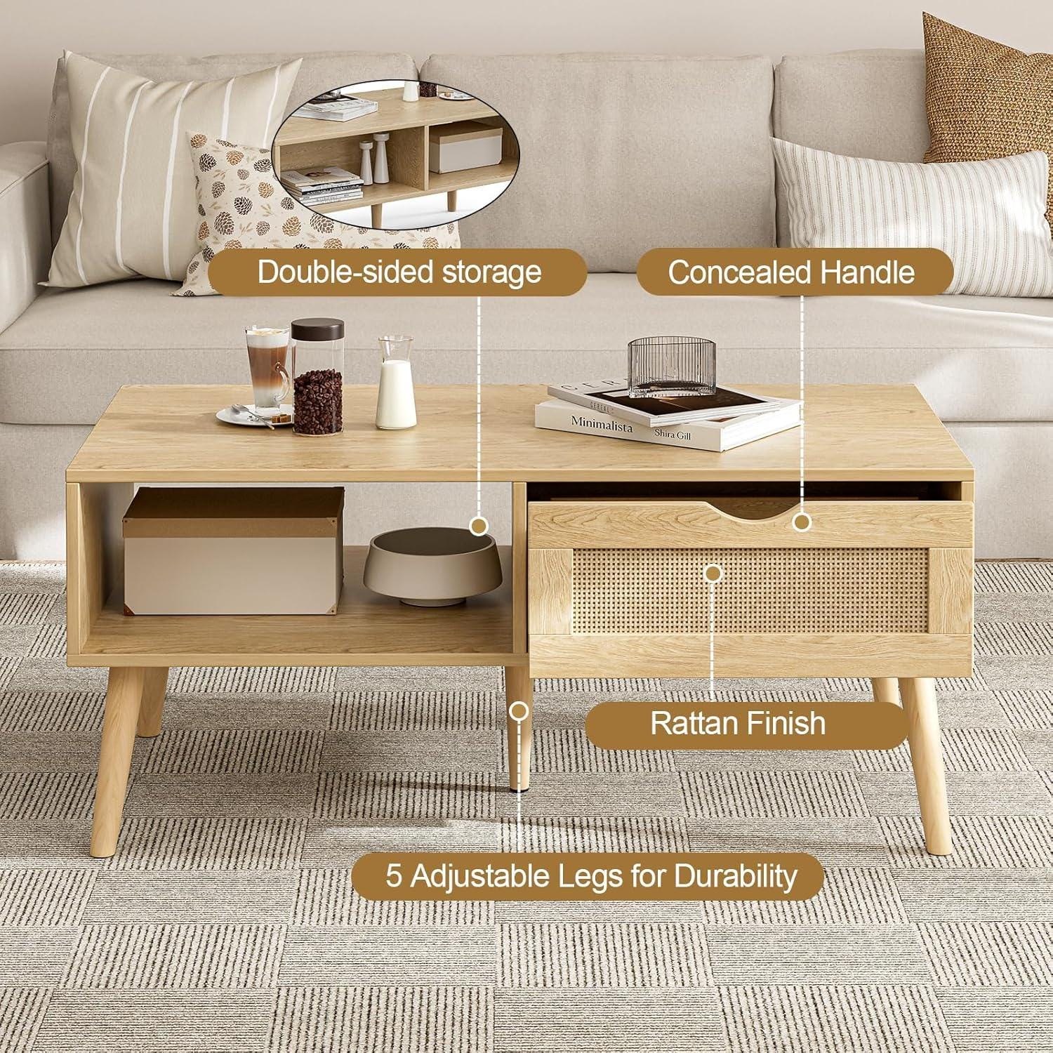 Rattan Coffee Table with Storage, Boho Wood Legs, Living Room Center Table