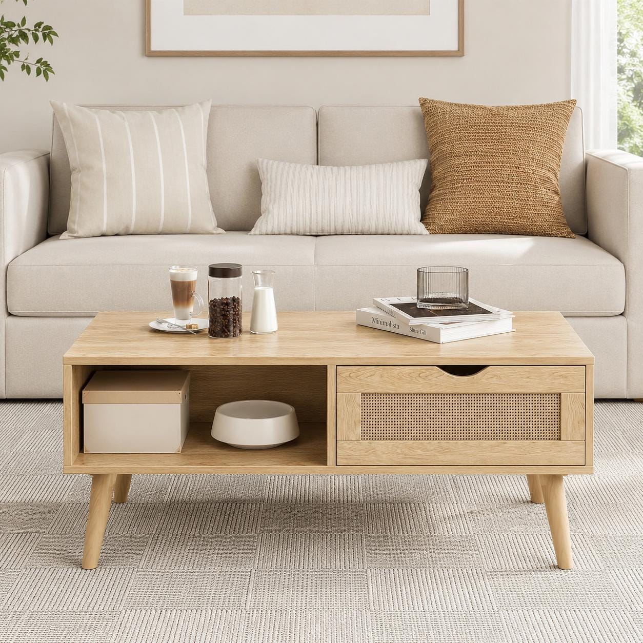 Rattan Coffee Table with Storage, Boho Wood Legs, Living Room Center Table