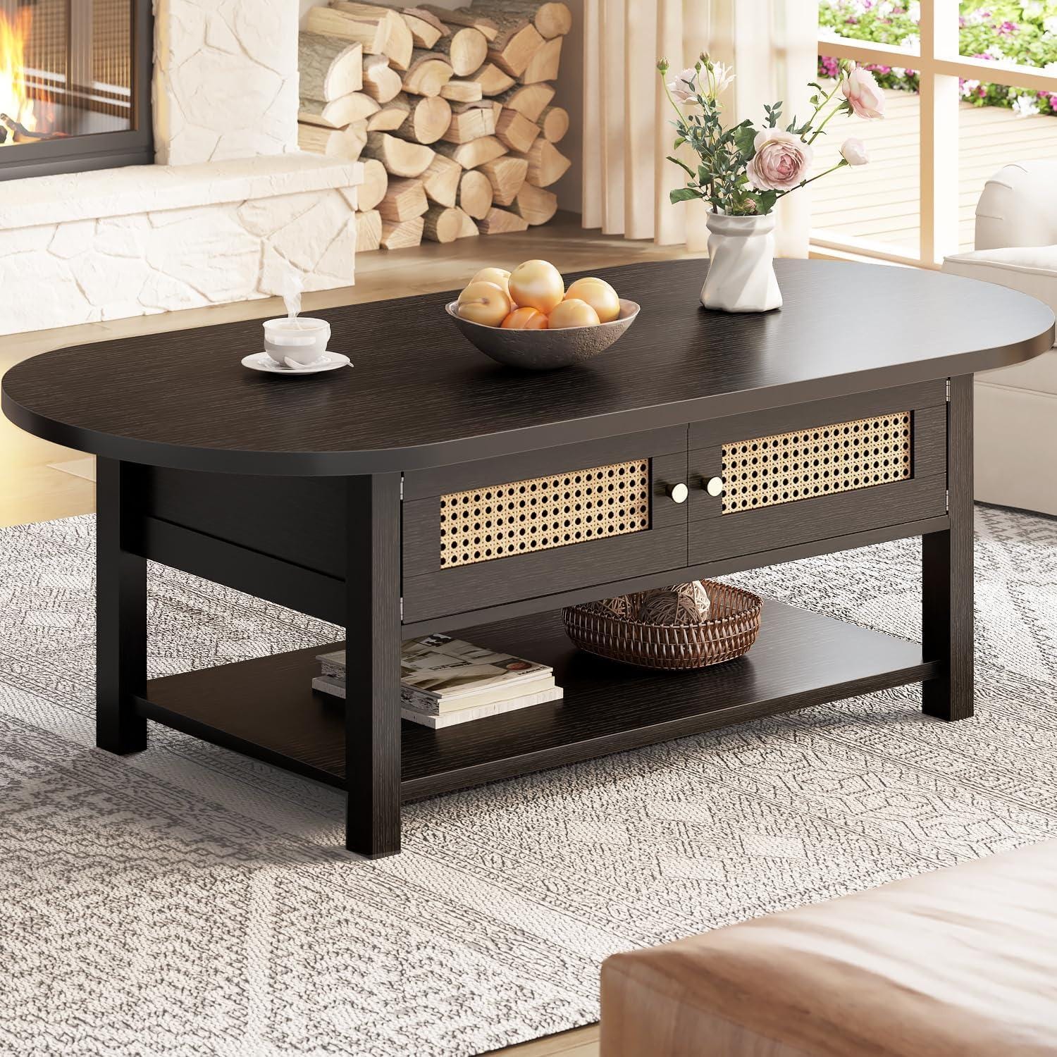 Oval Rattan Coffee Table with Storage, Modern Farmhouse Wood Center Table