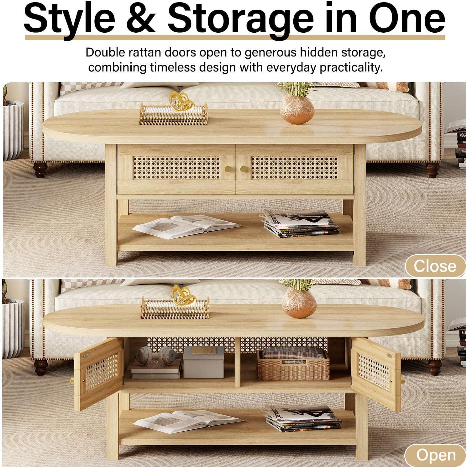 Oval Rattan Coffee Table with Storage, Modern Farmhouse Wood Center Table