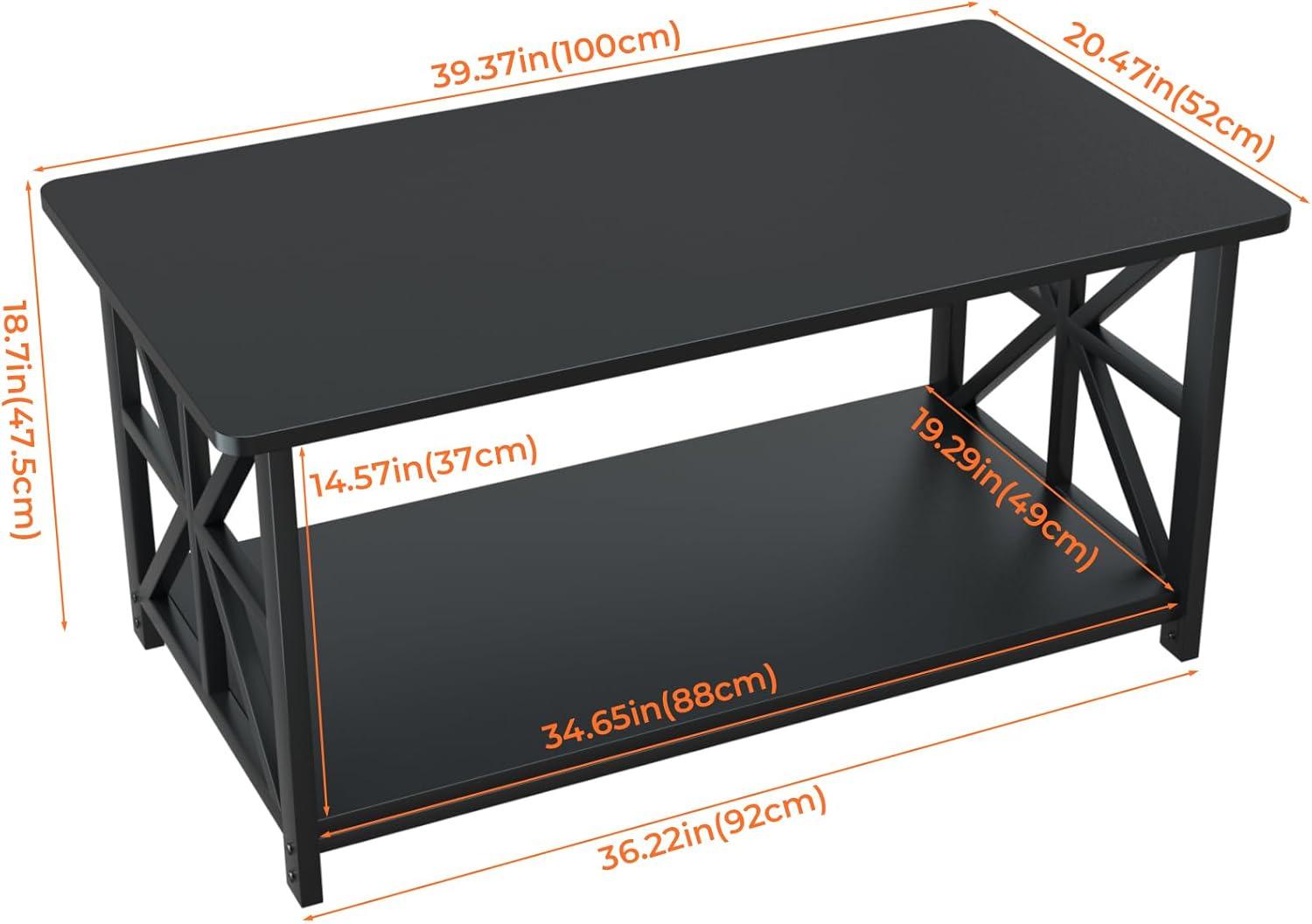Modern Industrial Coffee Table, Black Metal Frame, X-Frame Shelf, Rounded Corners
