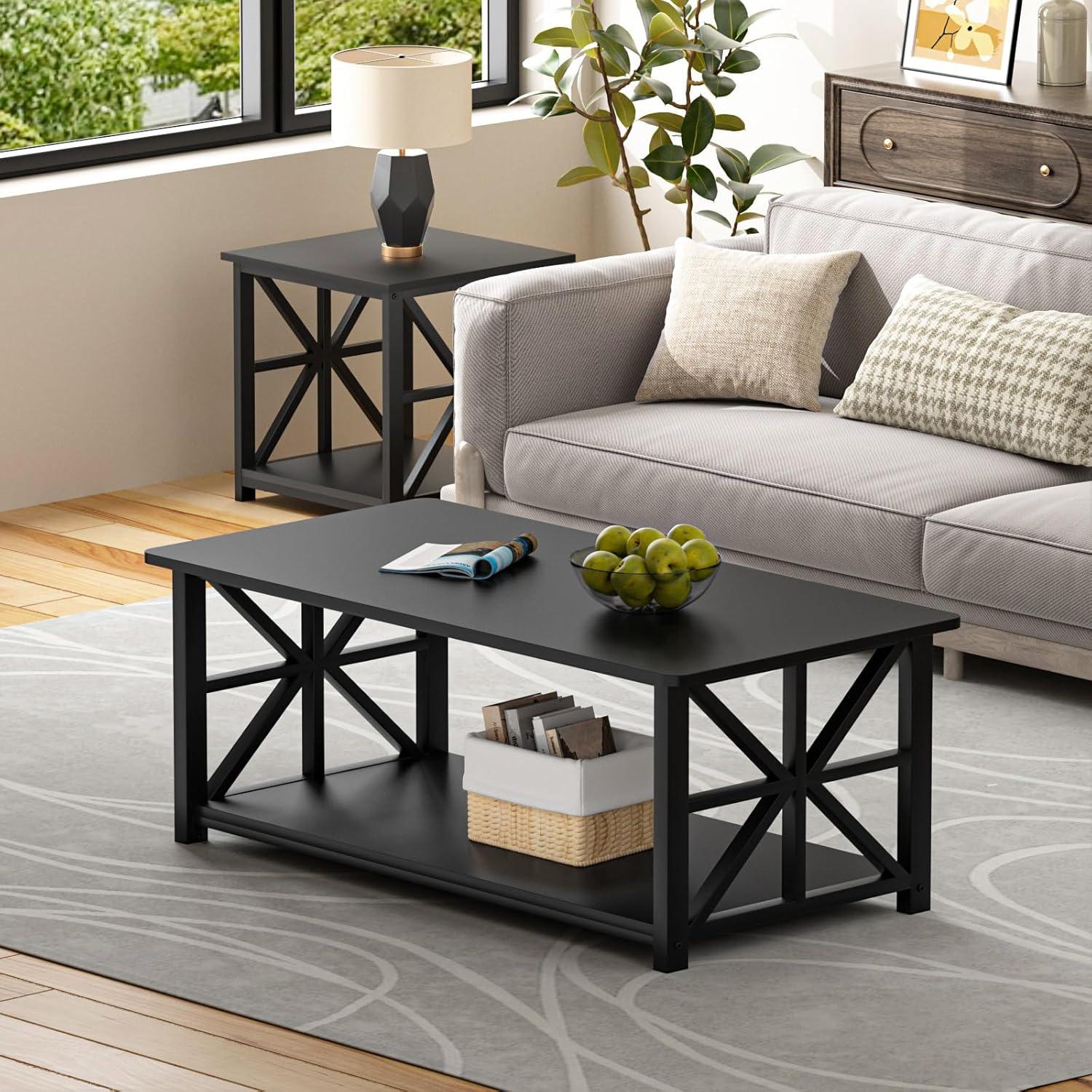 Modern Industrial Coffee Table, Black Metal Frame, X-Frame Shelf, Rounded Corners