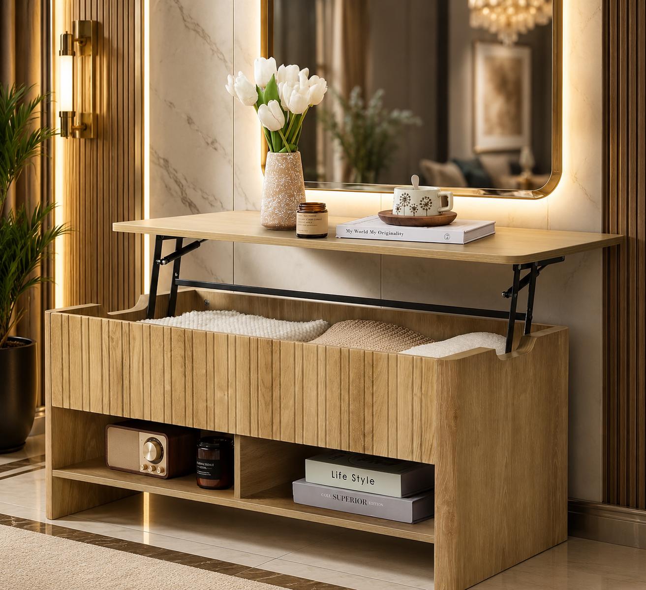 Mid-Century Fluted Lift-Top Coffee Table with Hidden Storage, Small Space Furniture