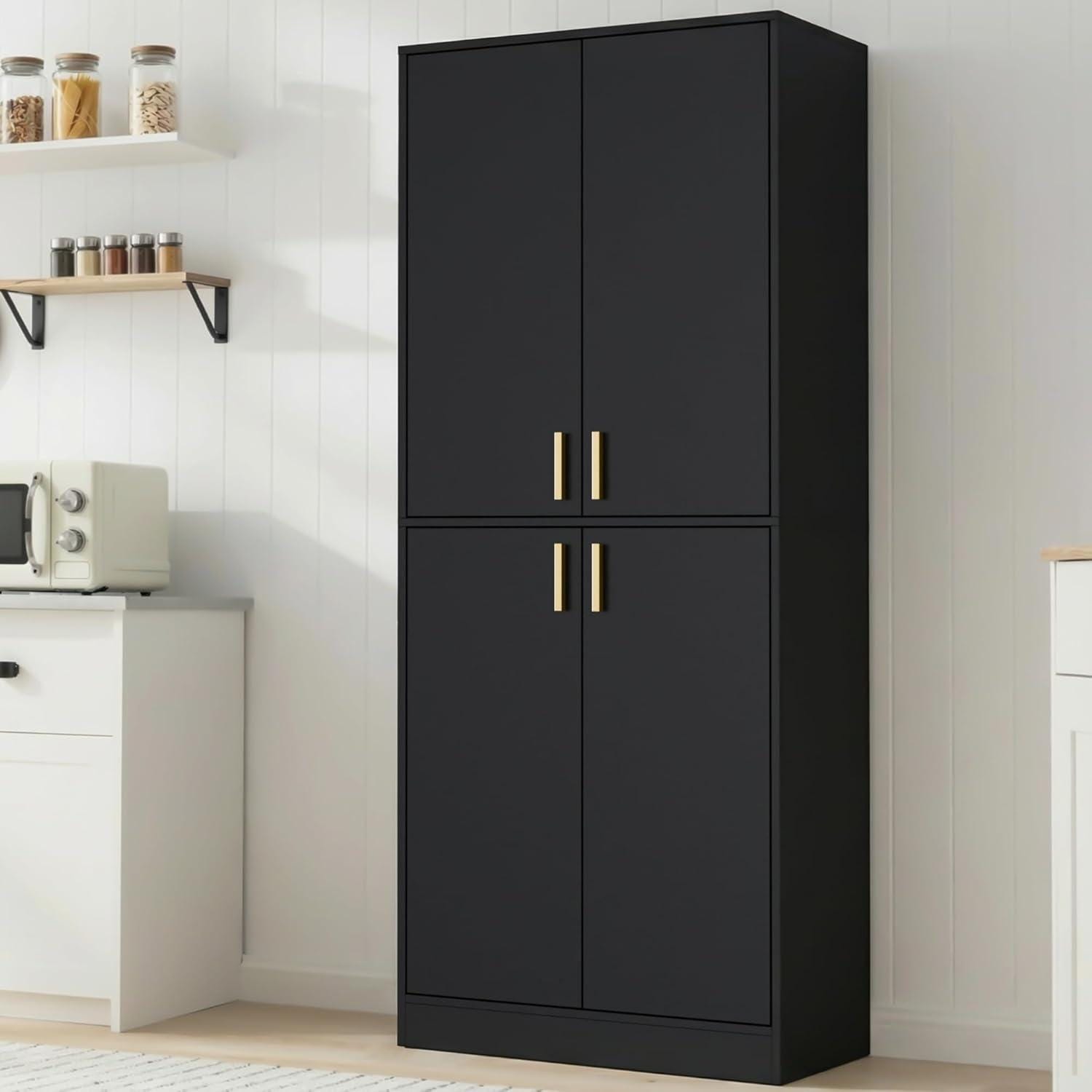 Tall Black Storage Cabinet, Modern Minimalist Freestanding Cupboard, Adjustable Shelves