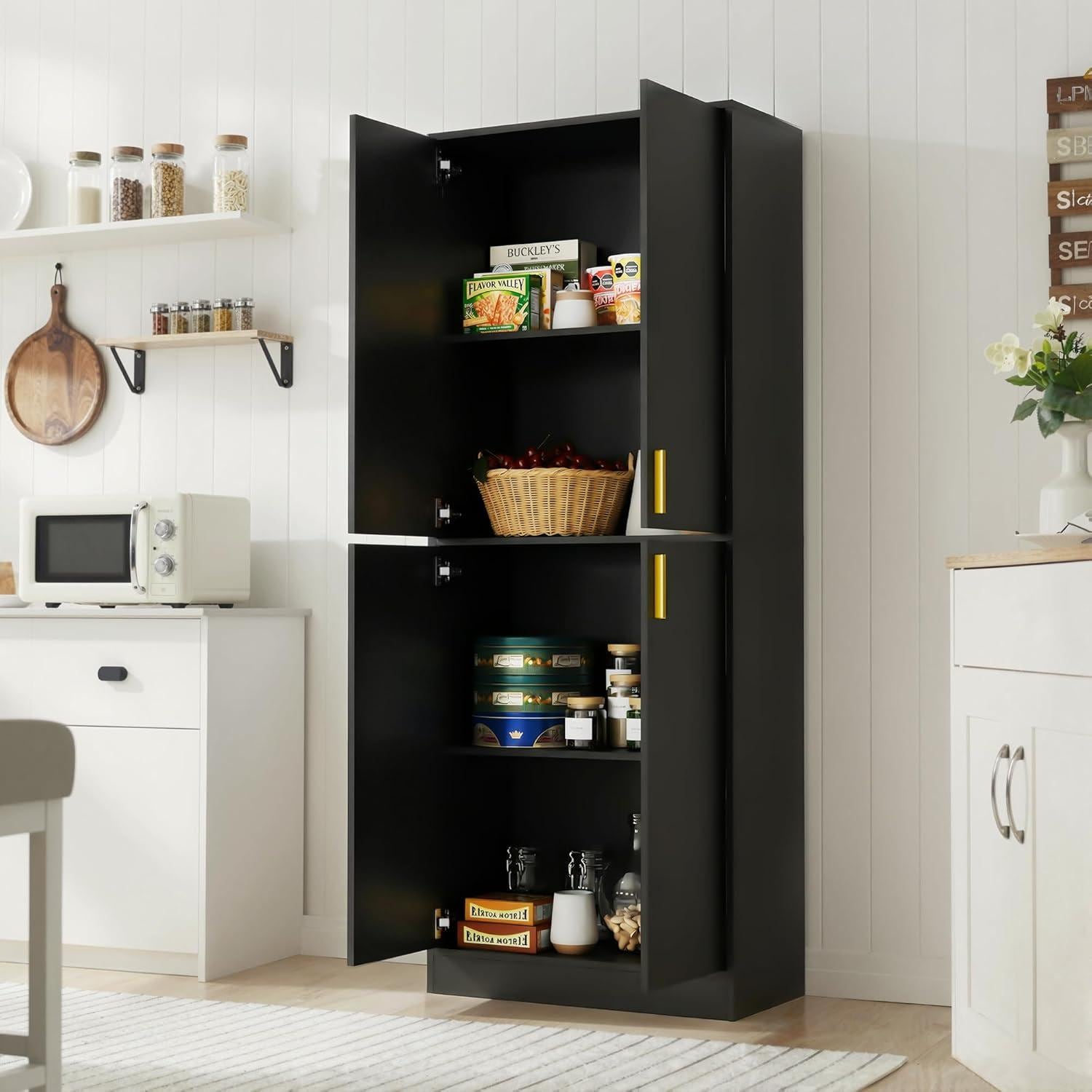 Tall Black Storage Cabinet, Modern Minimalist Freestanding Cupboard, Adjustable Shelves