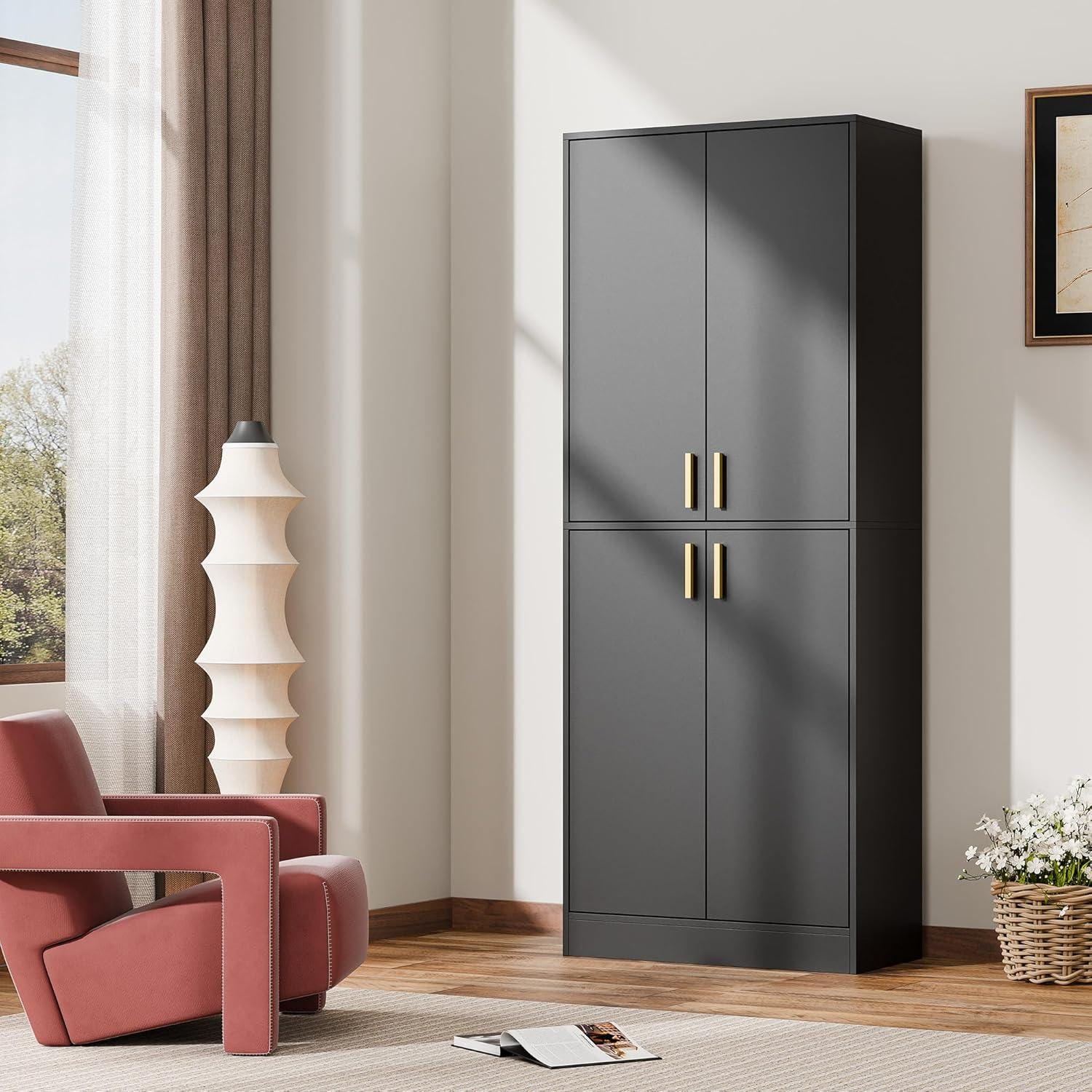 Tall Black Storage Cabinet, Modern Minimalist Freestanding Cupboard, Adjustable Shelves