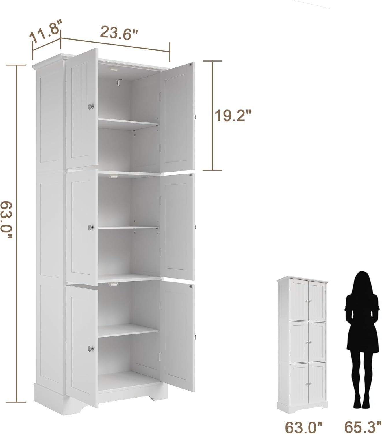ChooChoo Tall Bathroom Storage Cabinet with 6 Doors & Adjustable Shelves, White Freestanding Pantry Cabinet