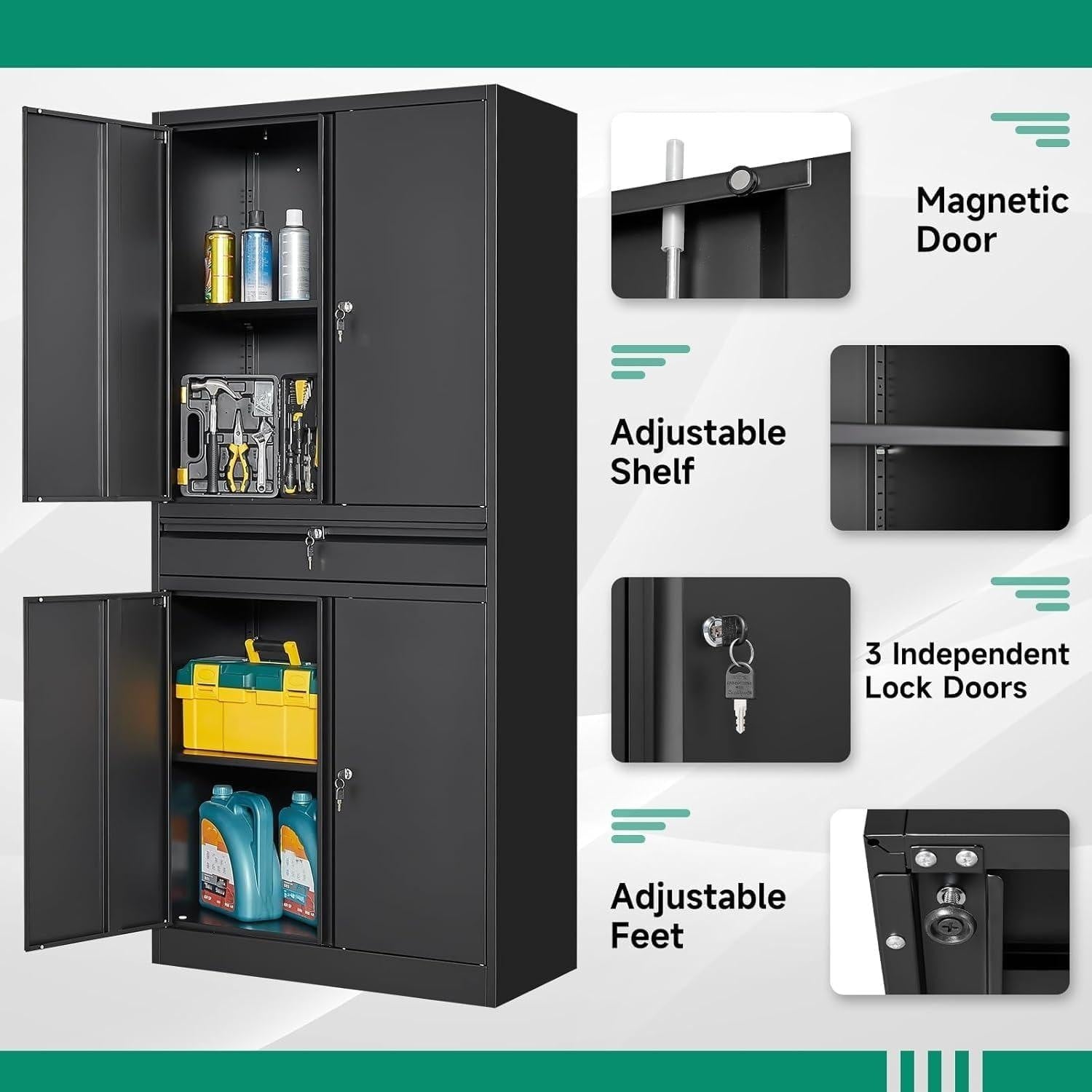 Heavy-Duty Steel Garage Storage Cabinet, 4 Lockable Doors, Sliding Drawer, Adjustable Shelves