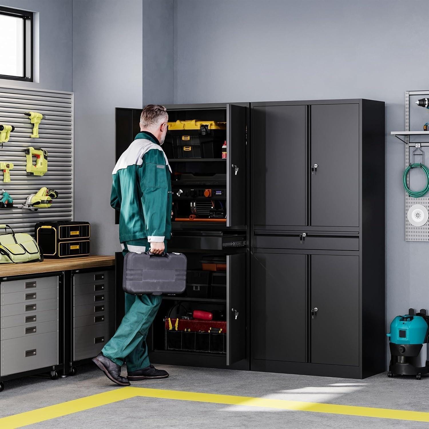 Heavy-Duty Steel Garage Storage Cabinet, 4 Lockable Doors, Sliding Drawer, Adjustable Shelves