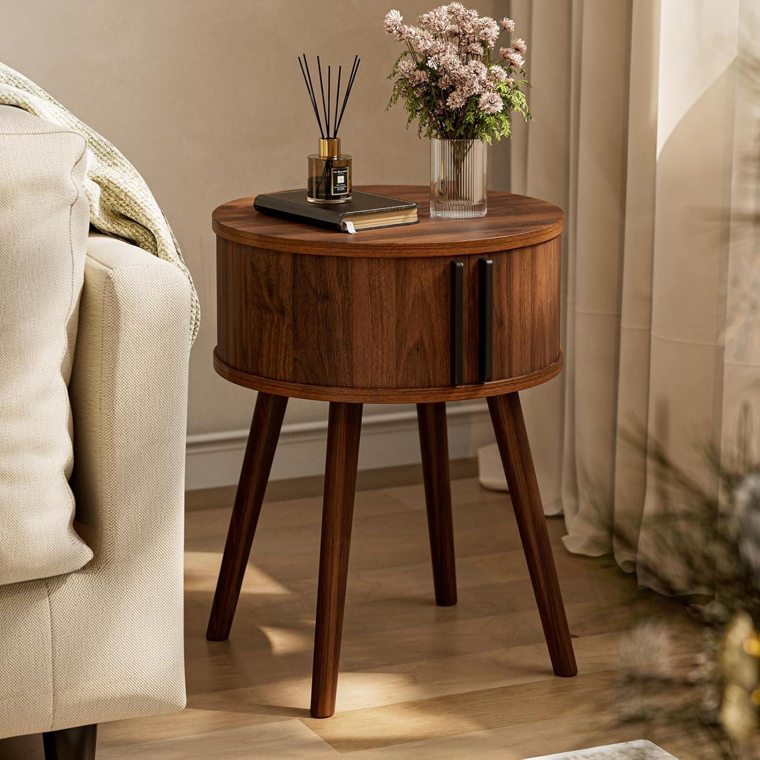 Round Walnut Side Table, Mid-Century Modern Nightstand with Sliding Door Storage