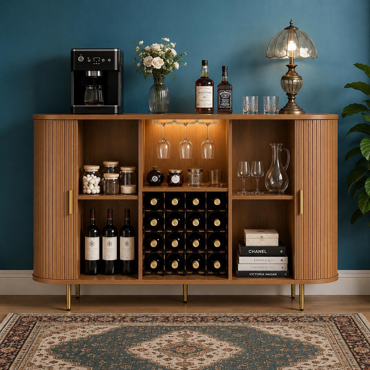 Mid Century Modern Wine Bar Cabinet with LED Lights & USB Ports