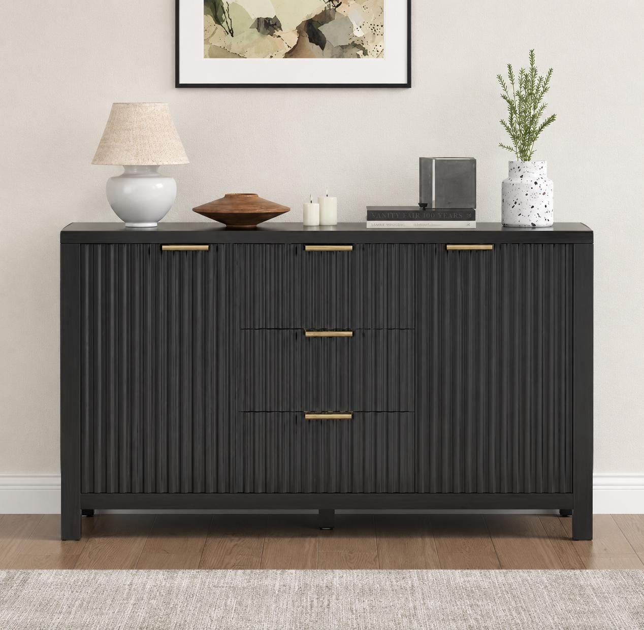 47.2" Black Fluted Sideboard Buffet Cabinet with Storage Drawers, Modern Credenza Console Table for Kitchen, Dining Room & Living Room