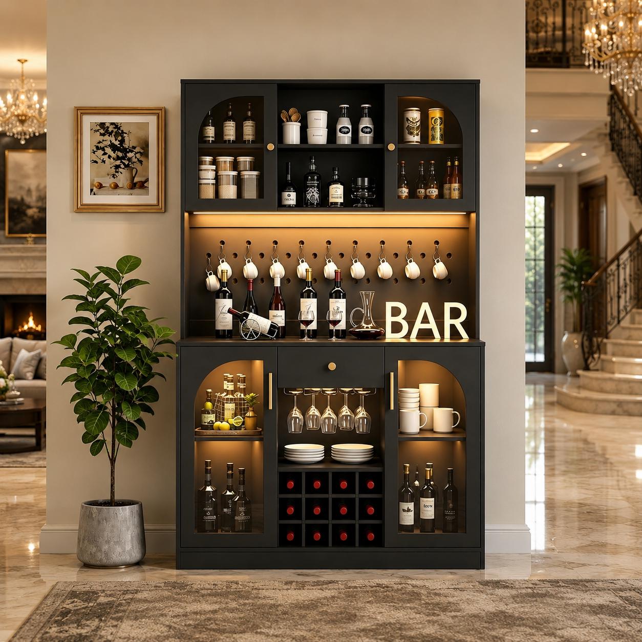 Modern Black Coffee Bar Cabinet, RGB LED Wine Rack, Pegboard Storage, 72 Inch Tall