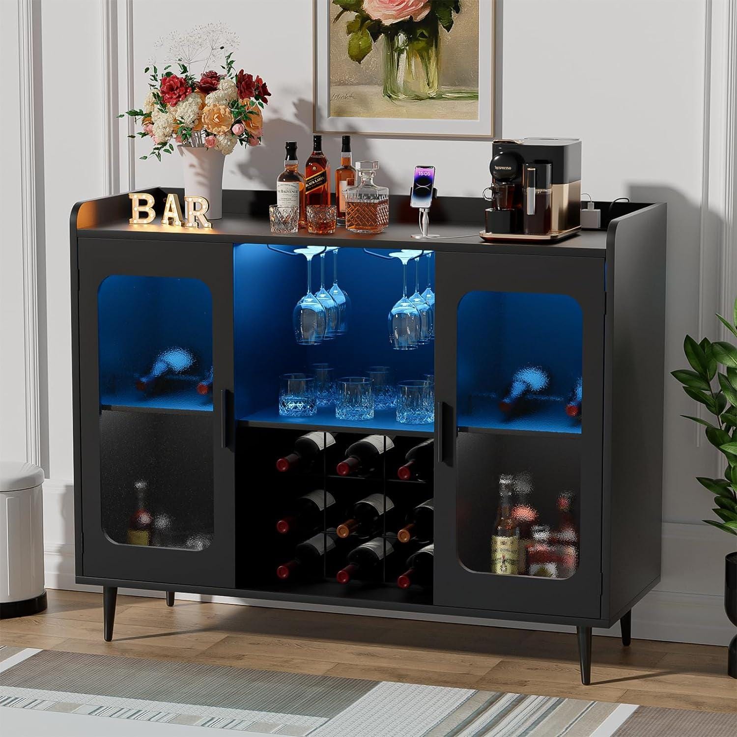 Modern Wine Bar Cabinet with LED Lights & Charging Station – Black Storage Console
