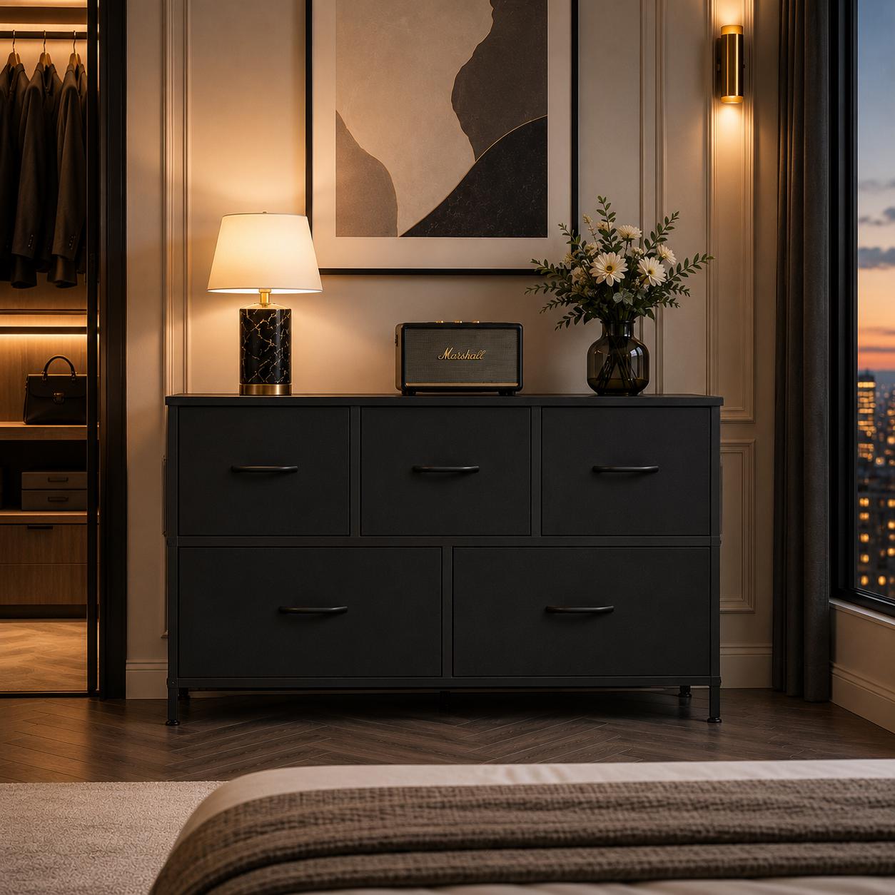 Rustic 5-Drawer Fabric Dresser, Farmhouse Storage Cabinet with Wooden Top