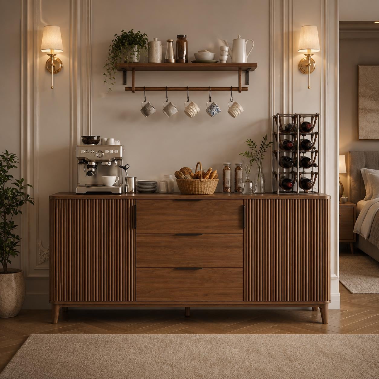 Modern Fluted Sideboard Cabinet, Mid-Century Wood Storage Buffet