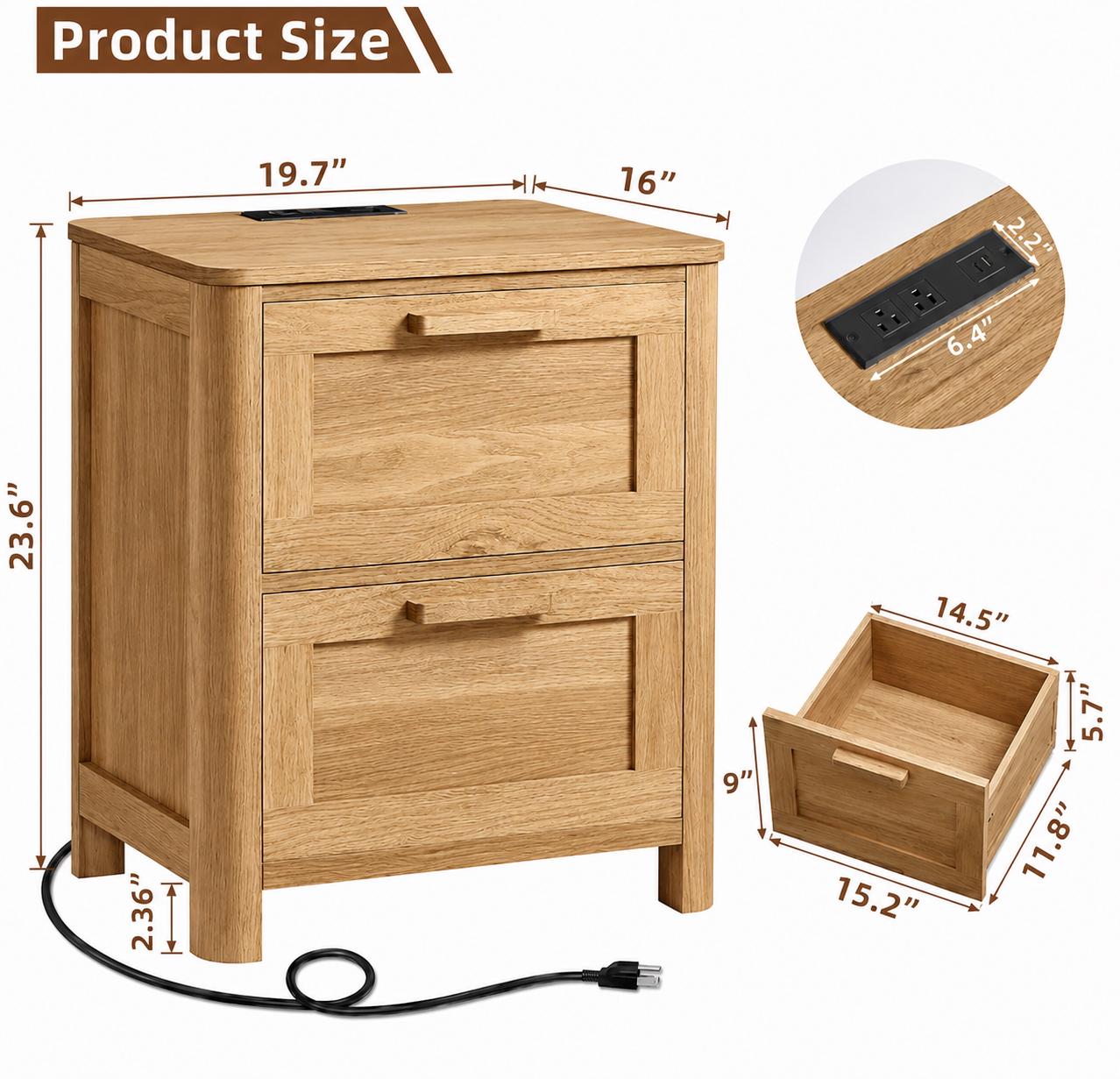 Farmhouse Nightstand with Charging Station, 2 Drawer Bedside Table