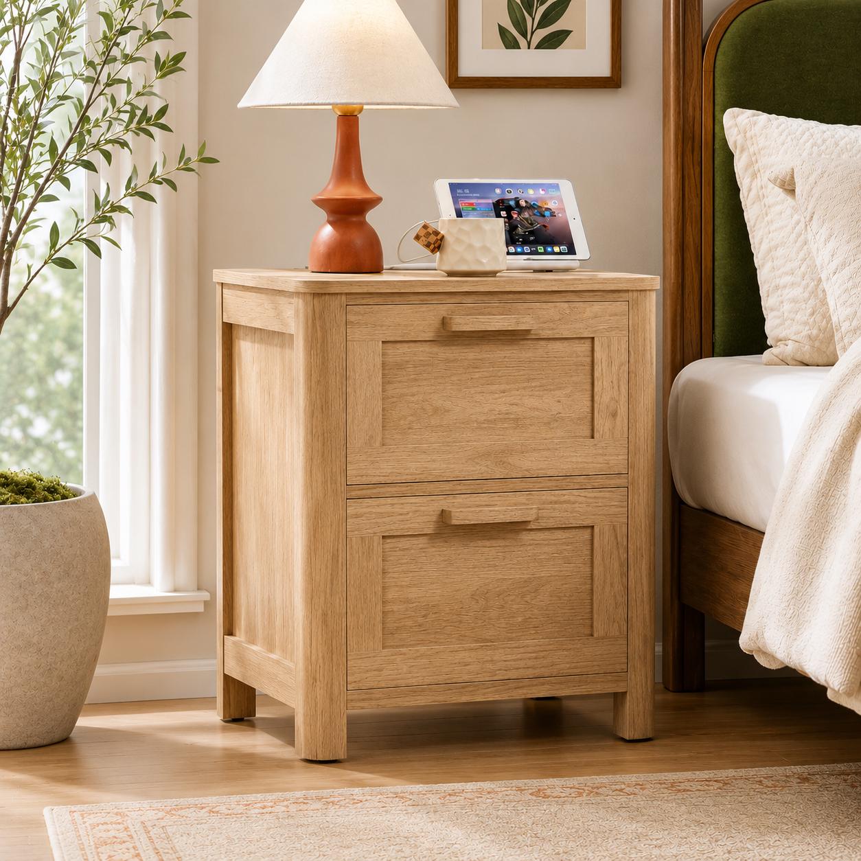Farmhouse Nightstand with Charging Station, 2 Drawer Bedside Table