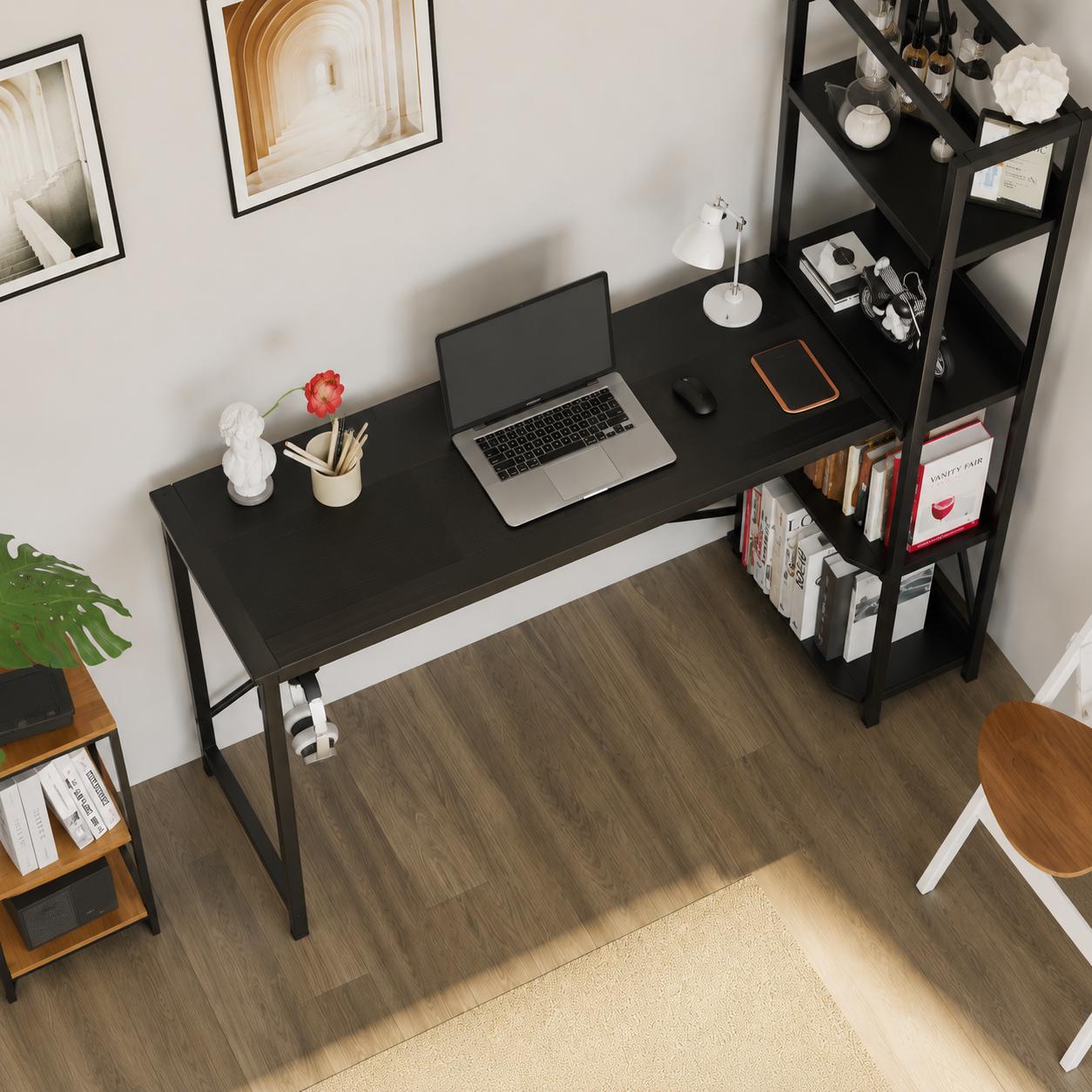 Modern Industrial Computer Desk with Power Outlet & Reversible Storage Shelves