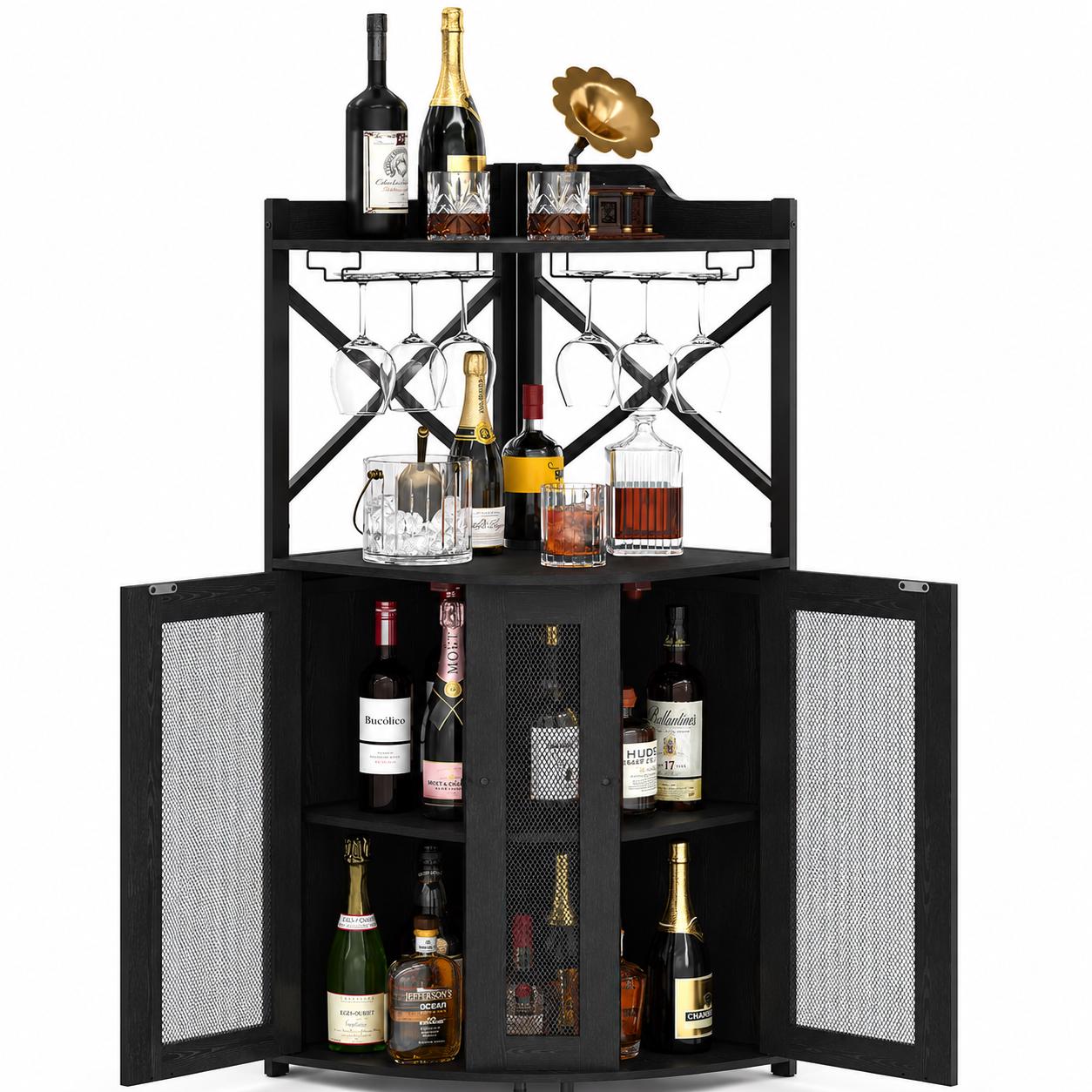 Industrial Corner Wine Bar Cabinet, Rustic Liquor Storage with LED Lights