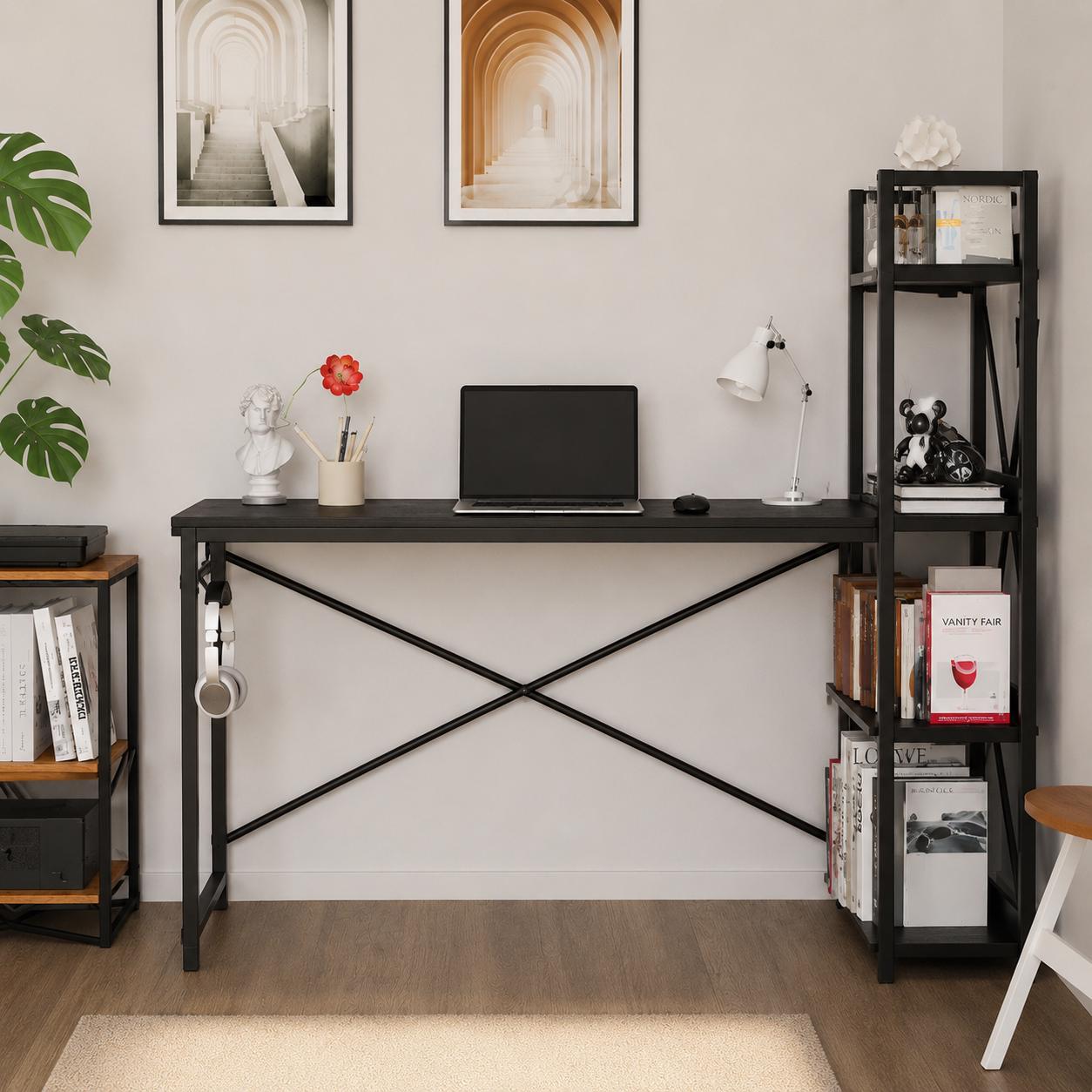 Industrial Computer Desk with Bookshelf, Rustic Wood Metal Study Table