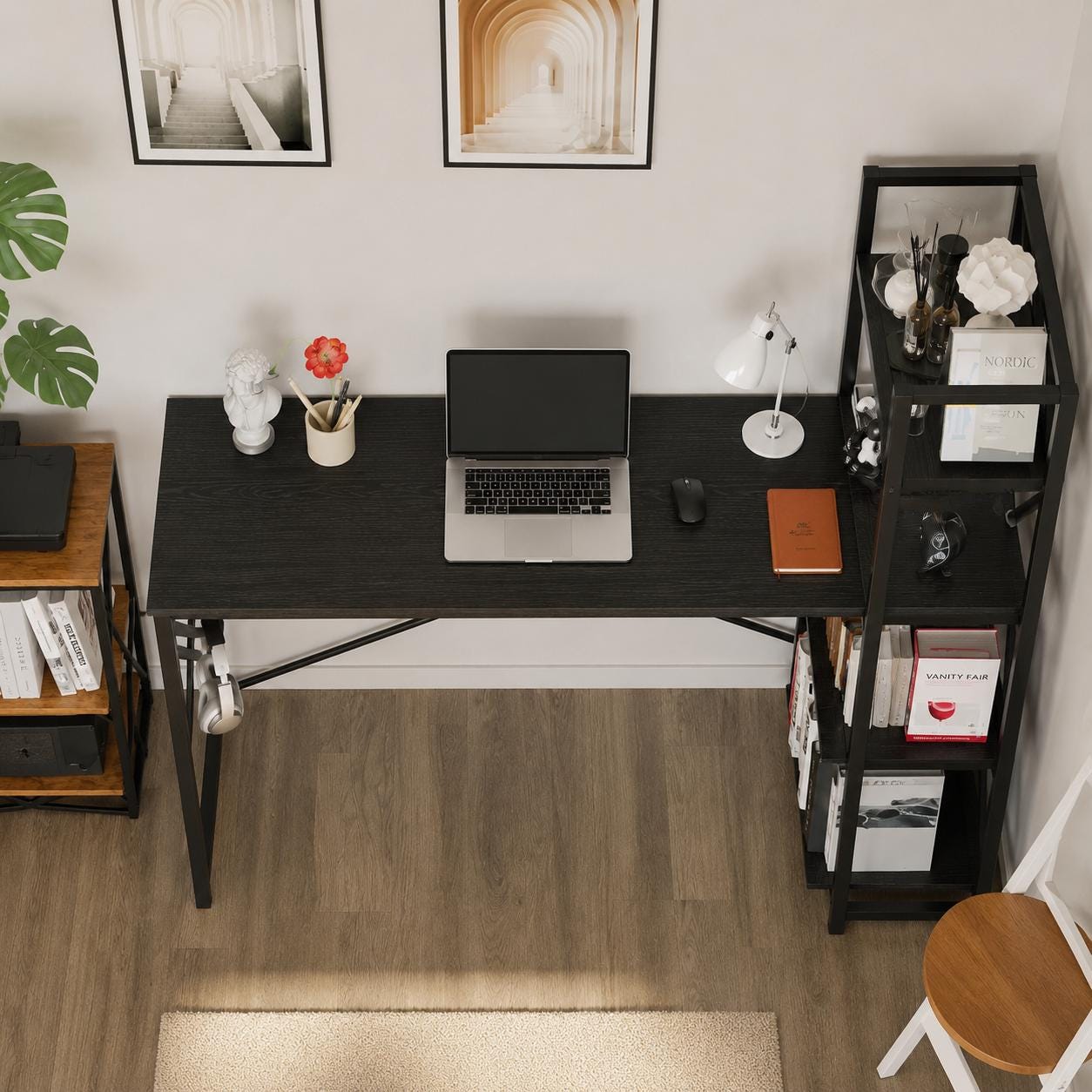 Industrial Computer Desk with Bookshelf, Rustic Wood Metal Study Table