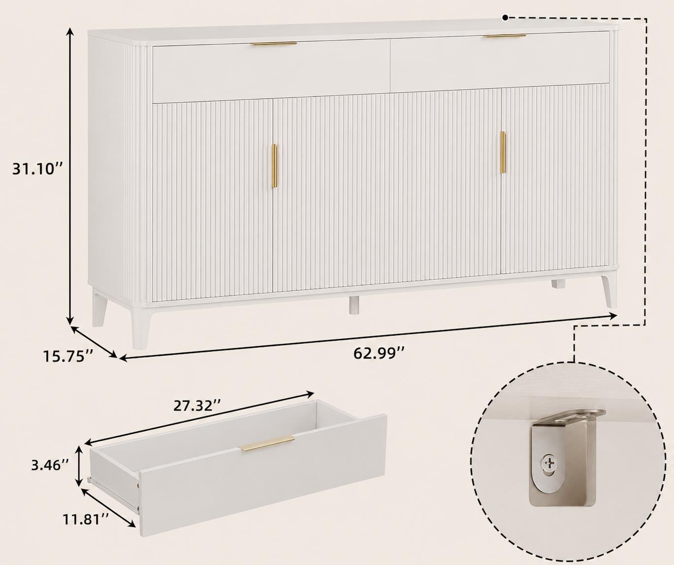 Modern Fluted Sideboard Cabinet, Mid-Century Coffee Bar Buffet Storage Drawer