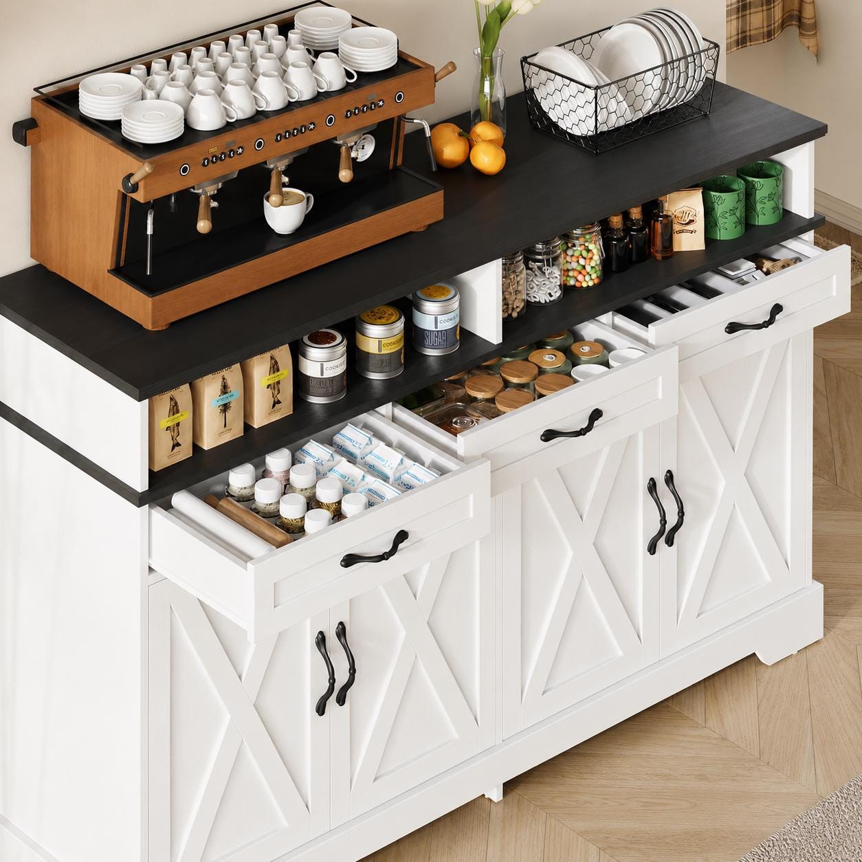 Farmhouse Buffet Cabinet with Charging Station, 63" Sideboard, 4 Doors, 3 Drawers, Coffee Bar
