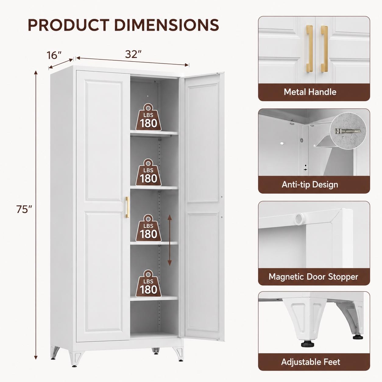75" Tall Black Metal Pantry Cabinet with Adjustable Shelves, Heavy-Duty Storage Cabinet with Doors, Kitchen Pantry Organizer for Garage,