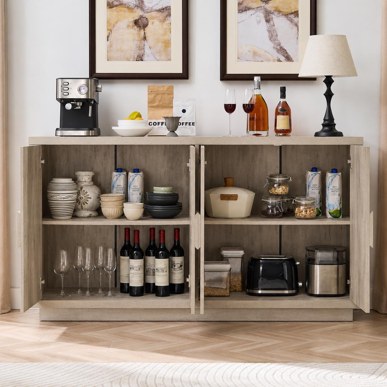 Farmhouse Buffet Cabinet 63 Inch, Light Grey Wood Credenza, Storage Sideboard Console