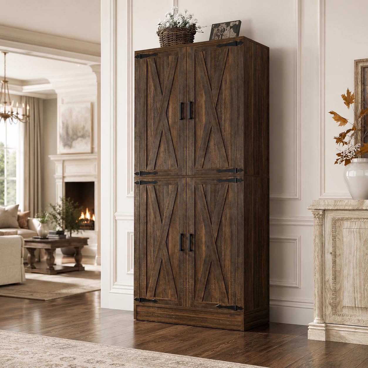 Tall Farmhouse Pantry Cabinet, Rustic Barn Door Kitchen Storage Organizer