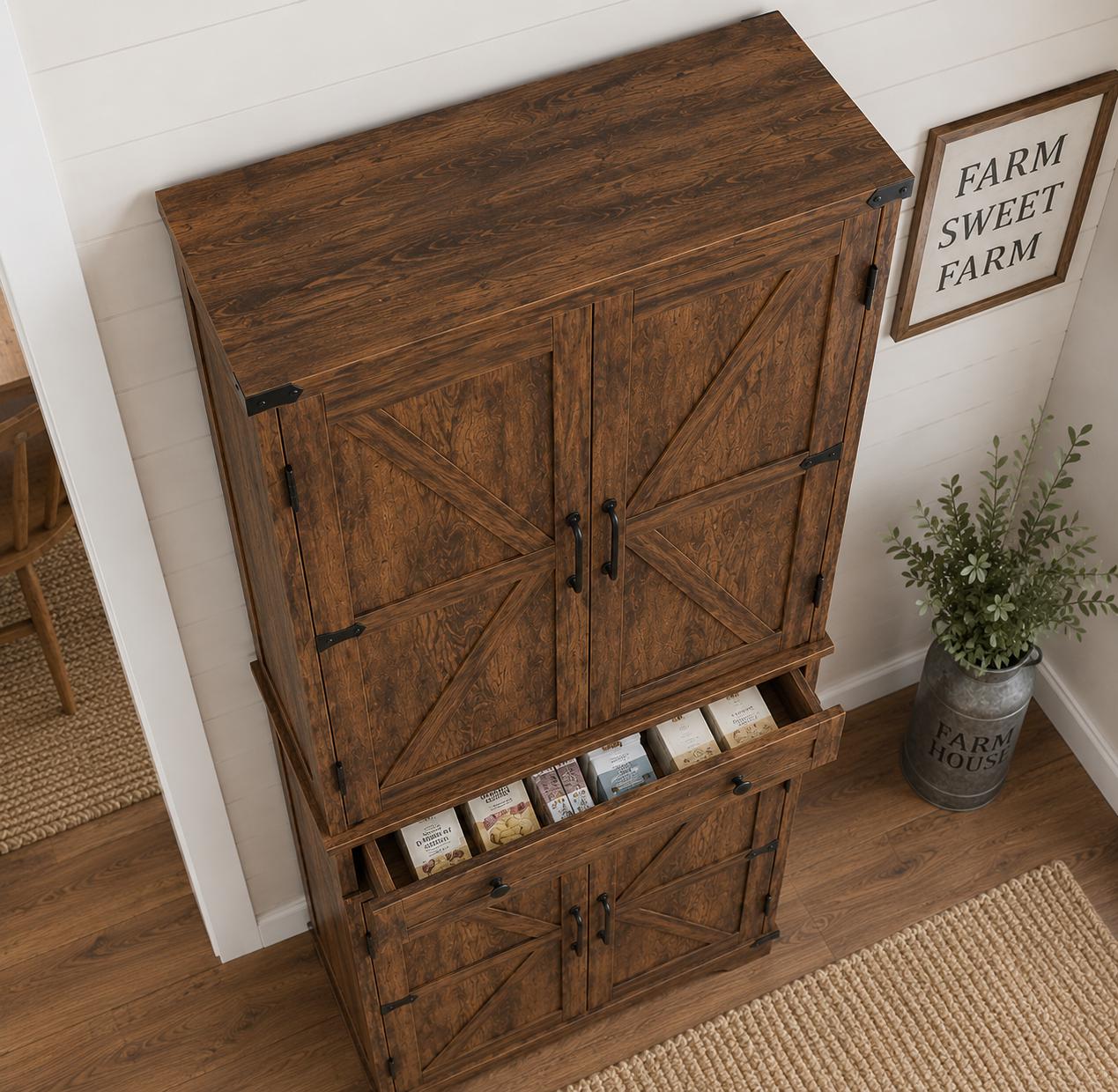 71” Rustic Farmhouse Pantry Cabinet, 4 Door Kitchen Storage Cabinet with Adjustable Shelves,
