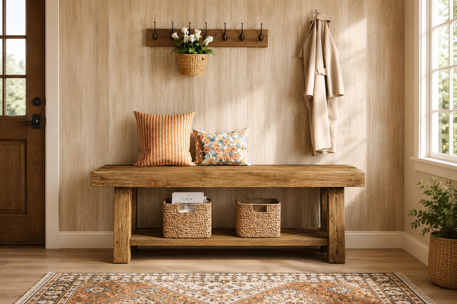 Solid Wood Entryway Bench, 2-Tier Storage, Armhouse Style Indoor Bench