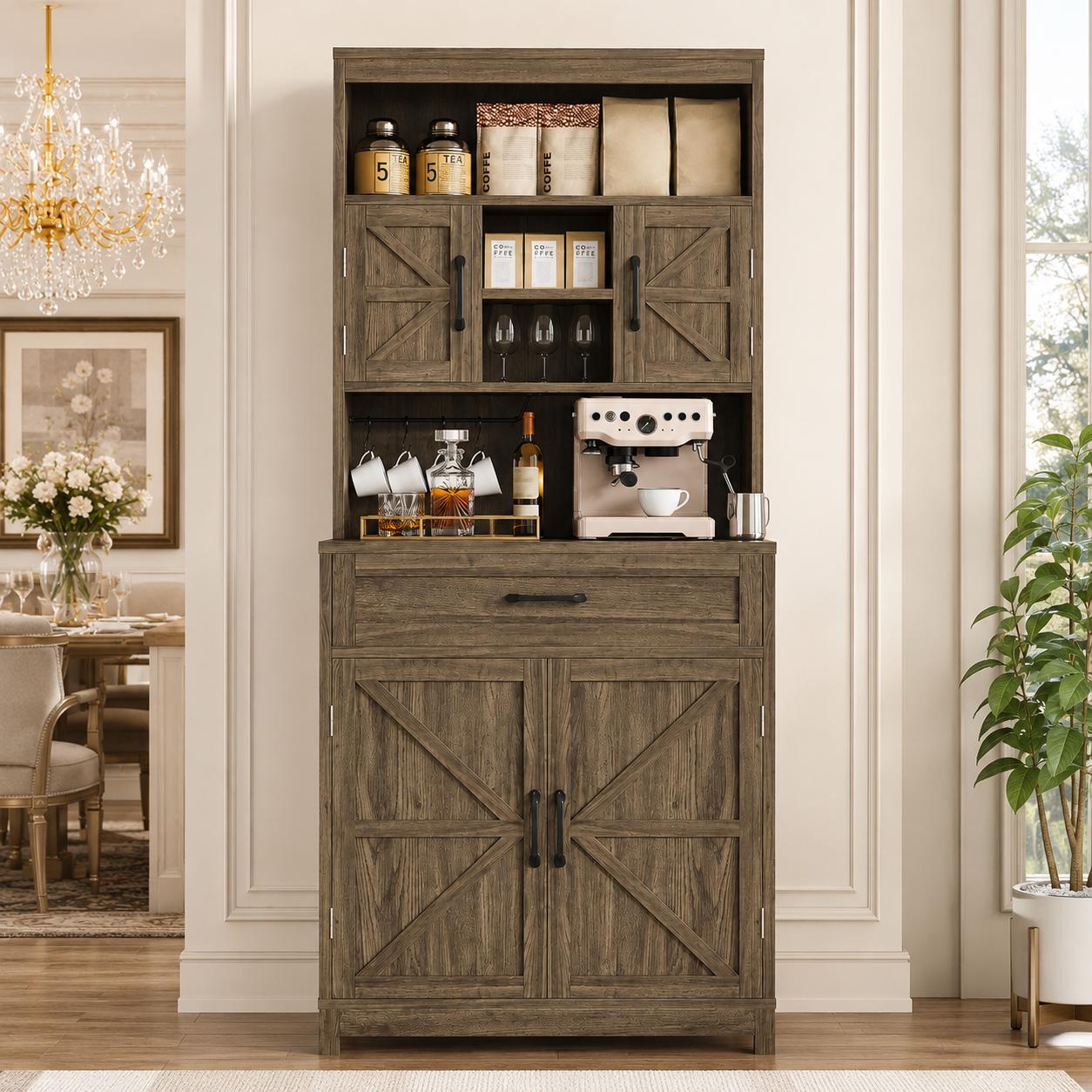 Farmhouse Pantry Cabinet, Barn Doors, Coffee Bar Station, Freestanding Storage Organizer