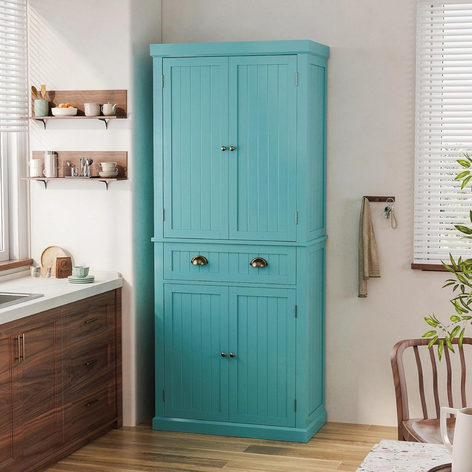 72" Farmhouse Pantry Cabinet with Doors & Shelves, Tall Freestanding Storage Cabinet, Turquoise Blue