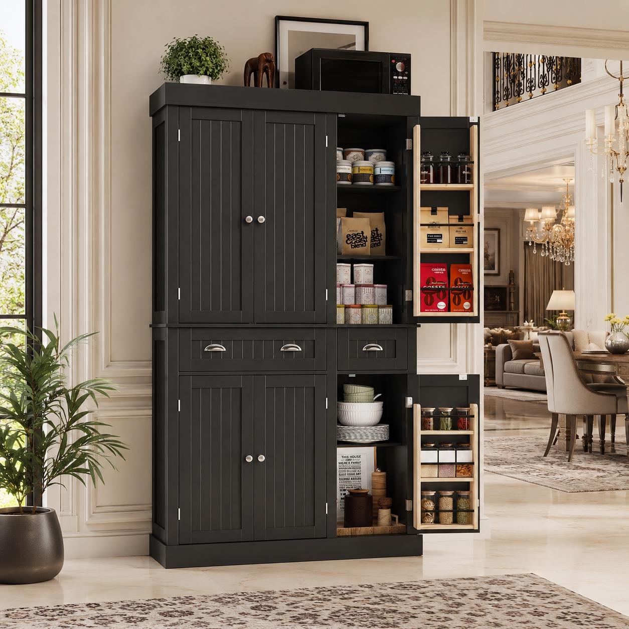 Modern 71” Tall Kitchen Pantry Storage Cabinet with Drawers & Door Shelves